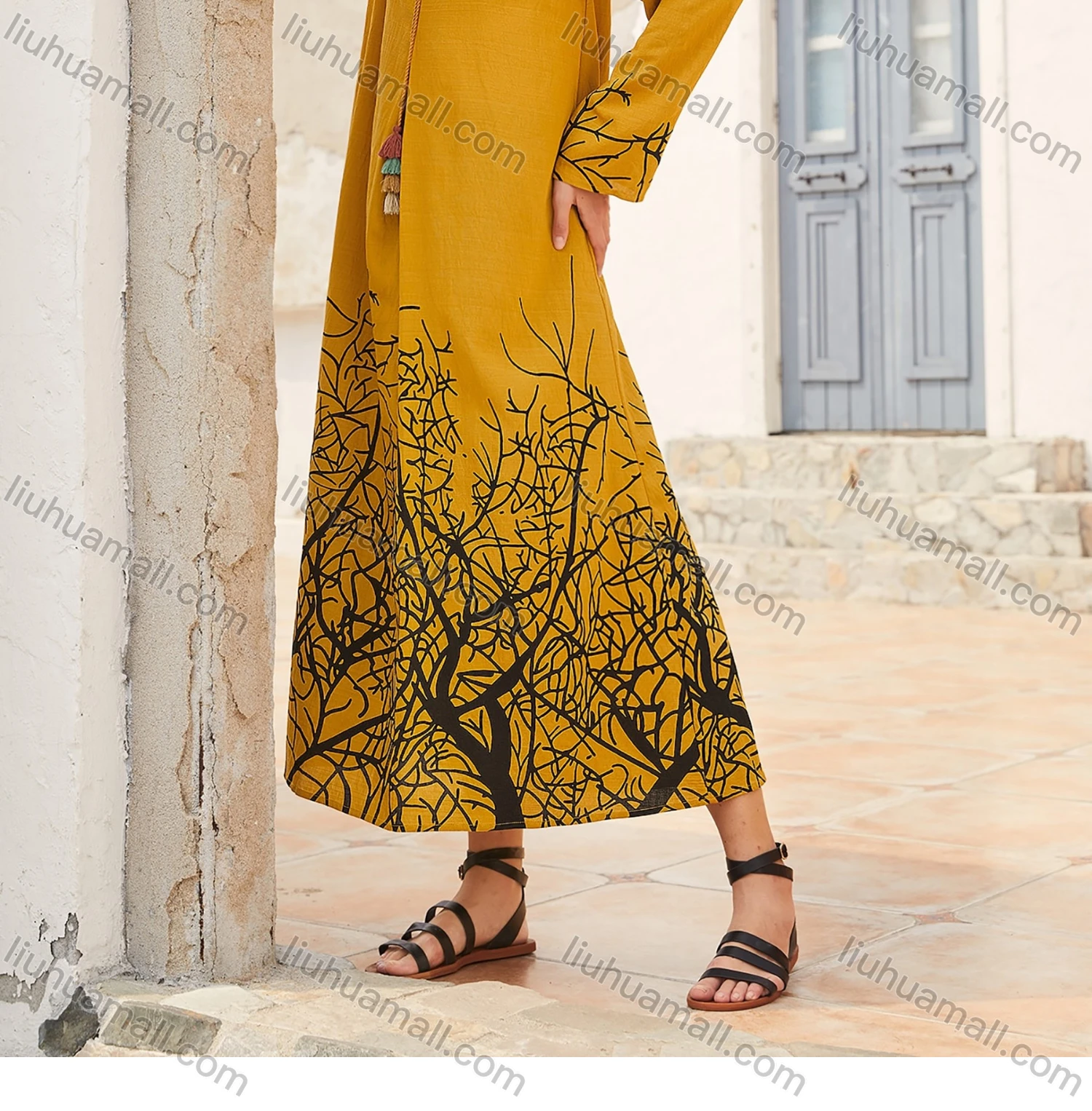 Wholesale Women's Casual Loose Long Sleeve Tassel Tether Branch Print Maxi Dress - Liuhuamall