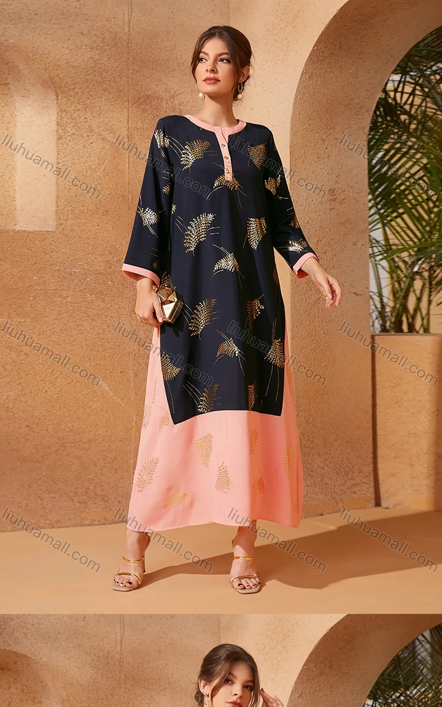 Wholesale Women's Vintage Long Sleeve Bronzed Print Splicing Hem Maxi Dress - Liuhuamall