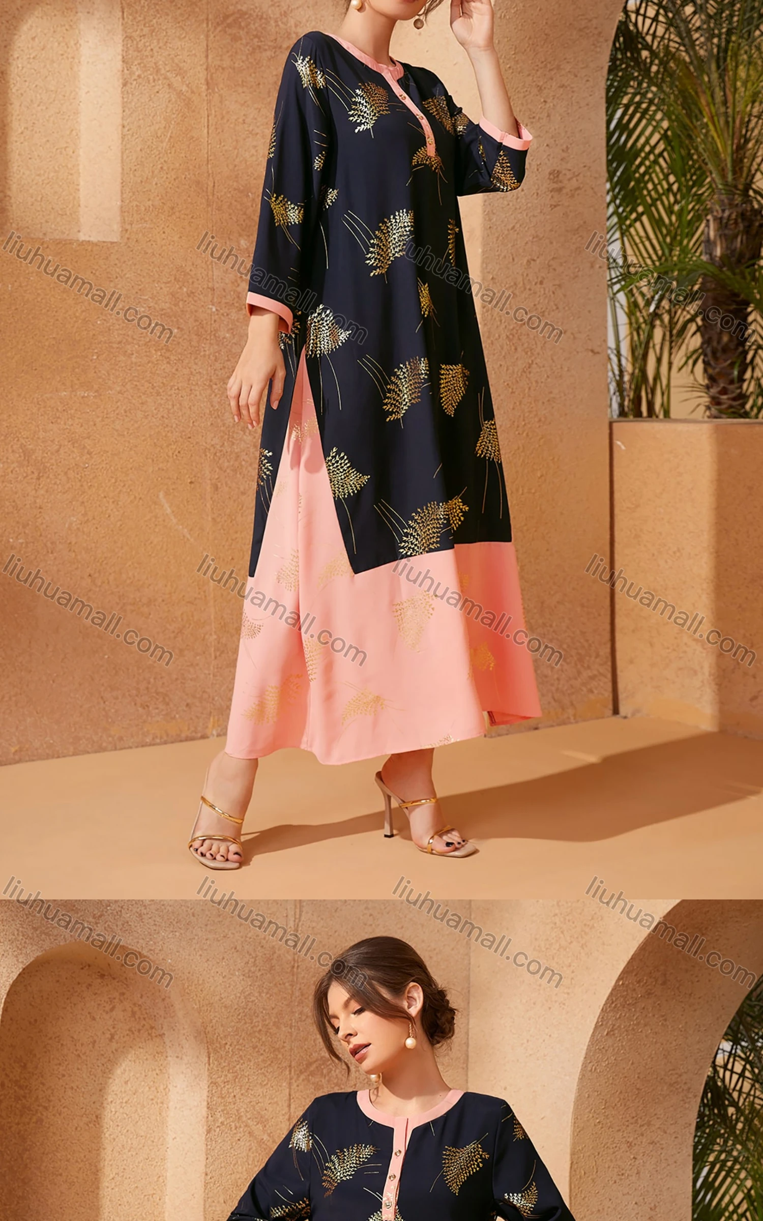 Wholesale Women's Vintage Long Sleeve Bronzed Print Splicing Hem Maxi Dress - Liuhuamall