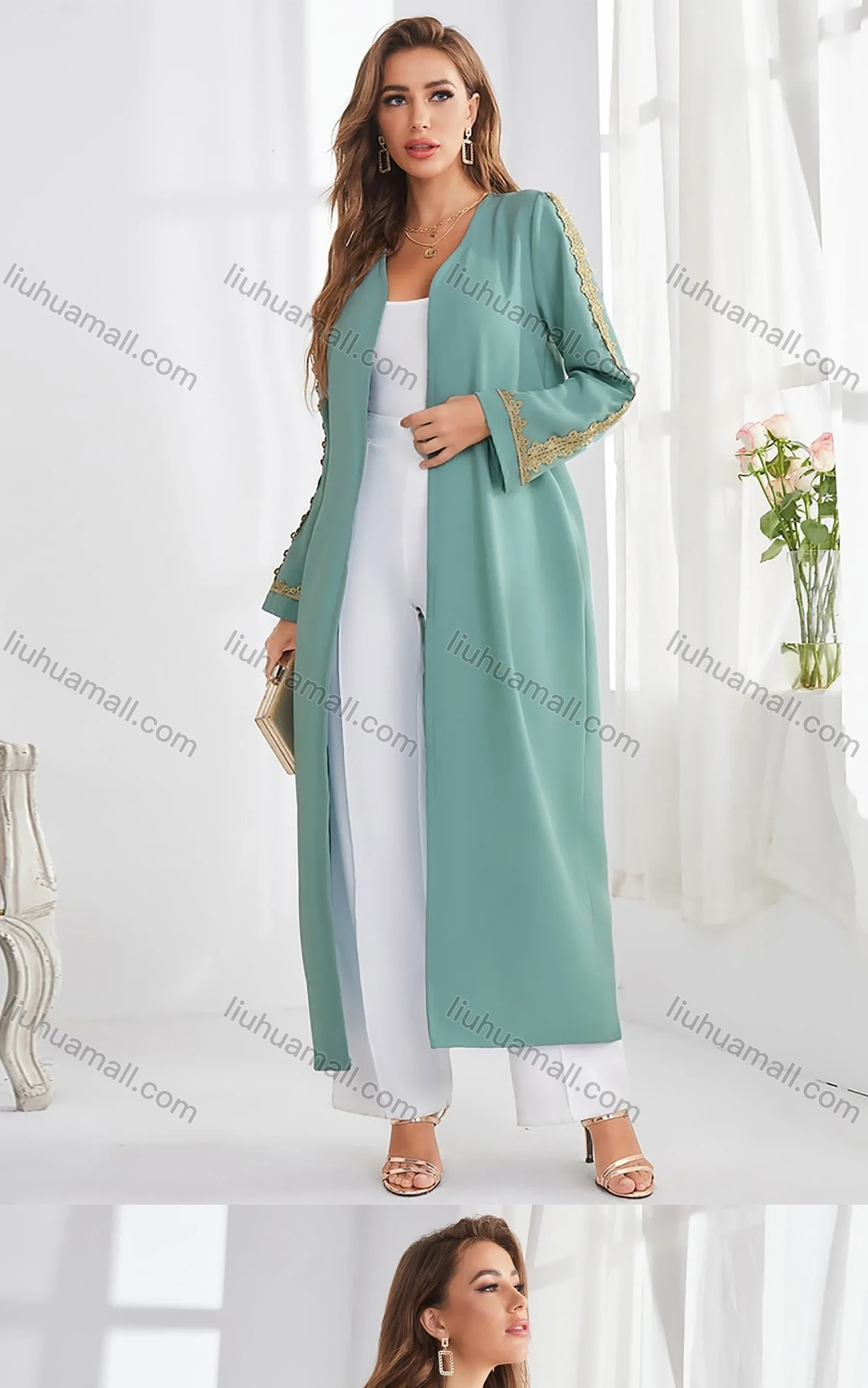 Wholesale Women's Vintage Long Sleeve Open Front Embroidery Trim Maxi Cardigans - Liuhuamall