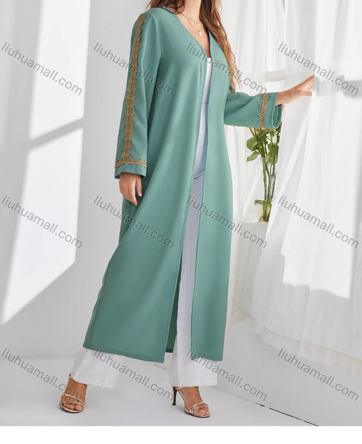 Wholesale Women's Vintage Long Sleeve Open Front Embroidery Trim Maxi Cardigans - Liuhuamall