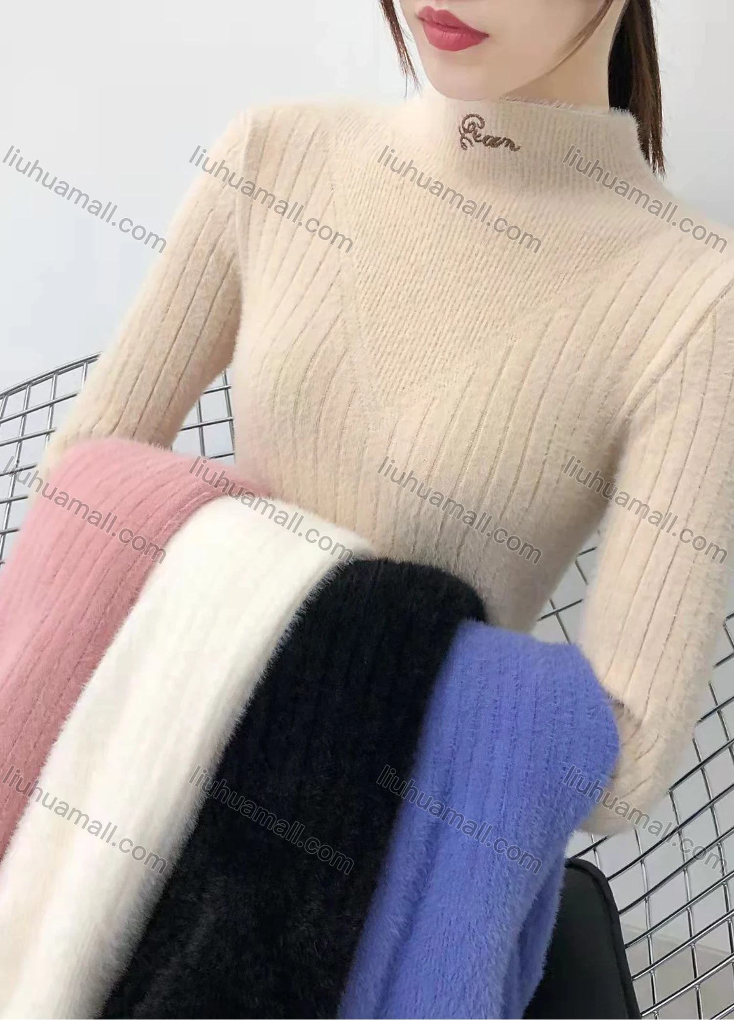 Wholesale Women's Casual High Neck Embroidery Slim Fit Plain Pullover Sweater #913 - Liuhuamall