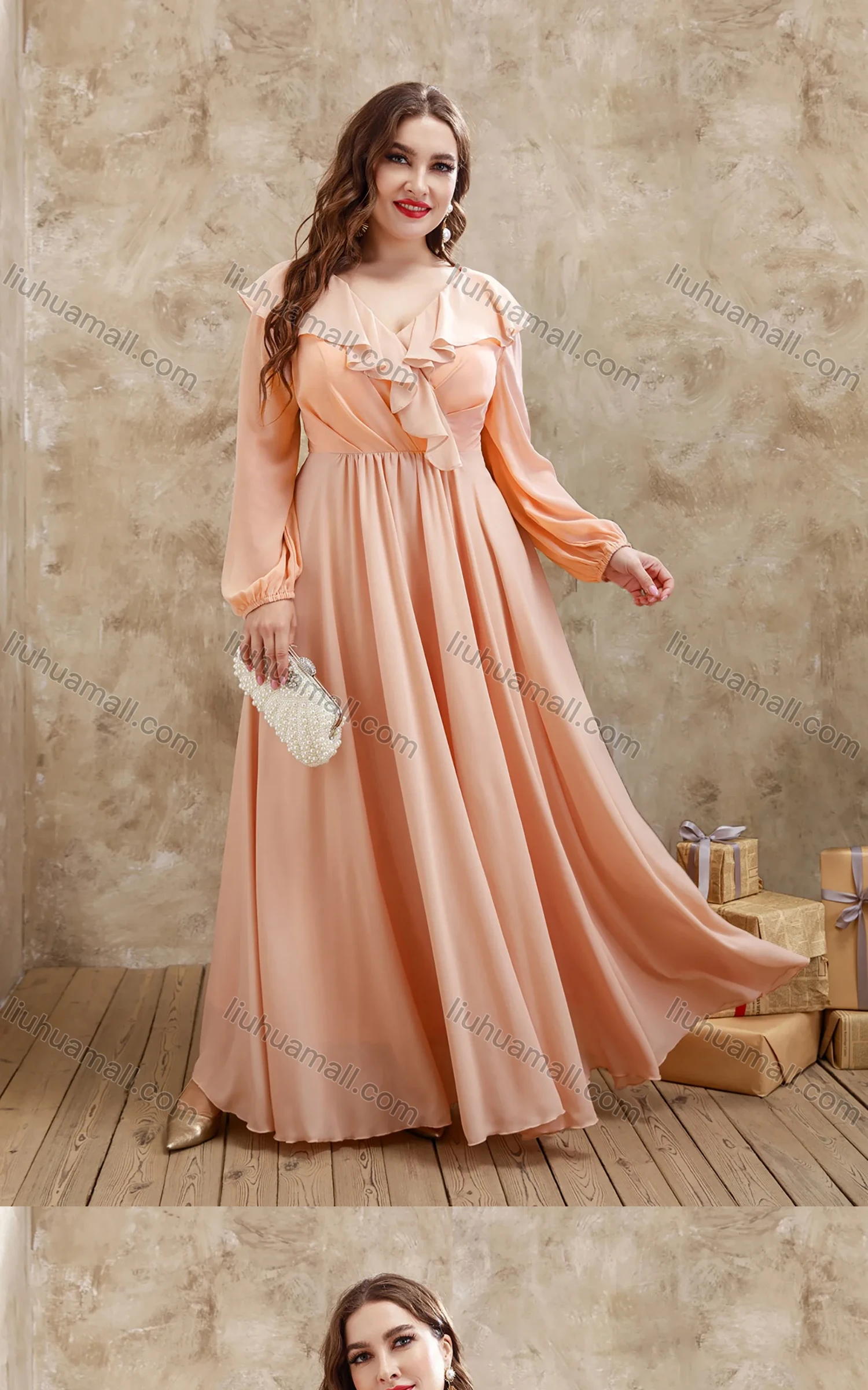 Wholesale Women's Elegant Shawl Collar Ruffle Trim Empire Hem Evening Dress - Liuhuamall