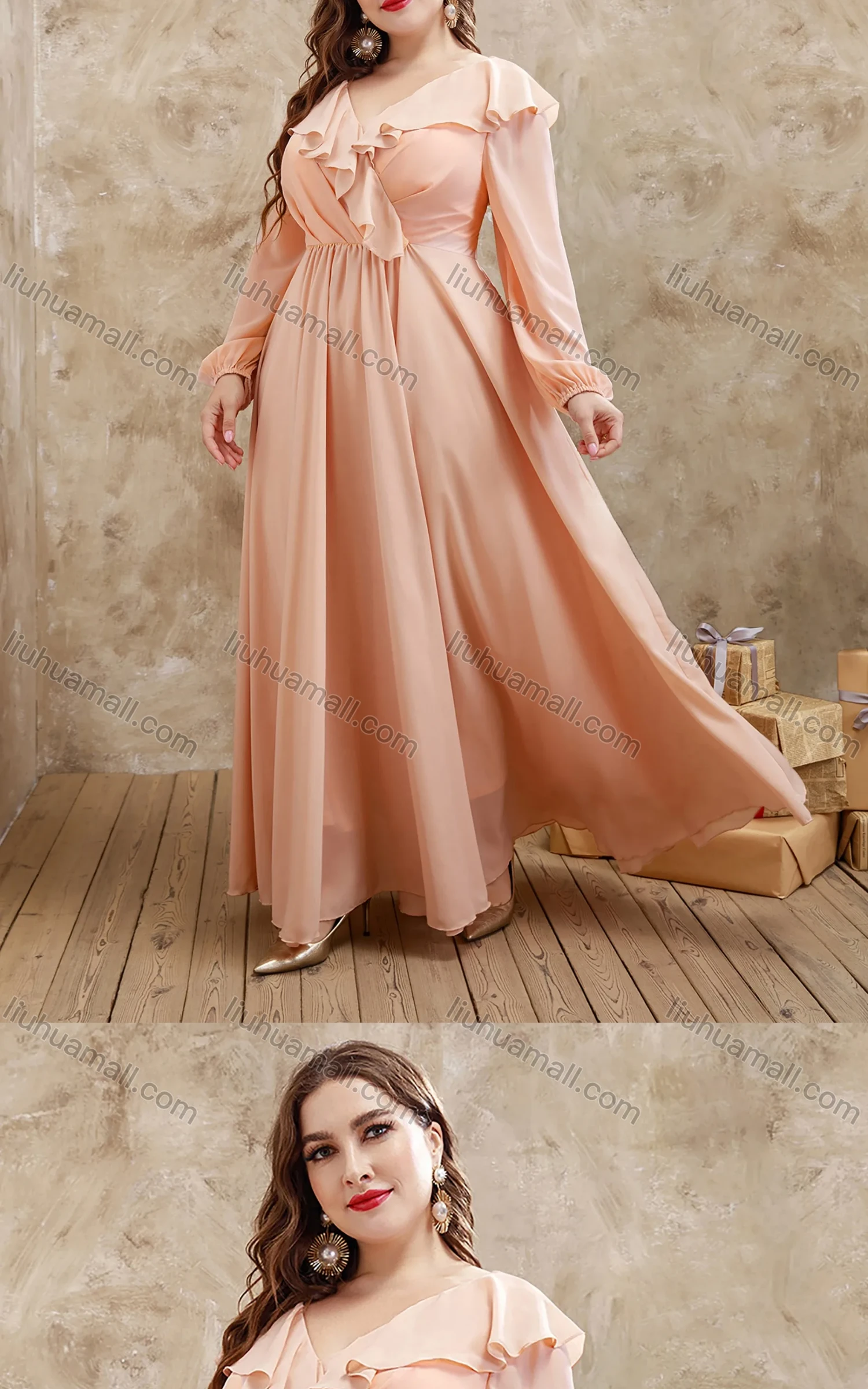 Wholesale Women's Elegant Shawl Collar Ruffle Trim Empire Hem Evening Dress - Liuhuamall