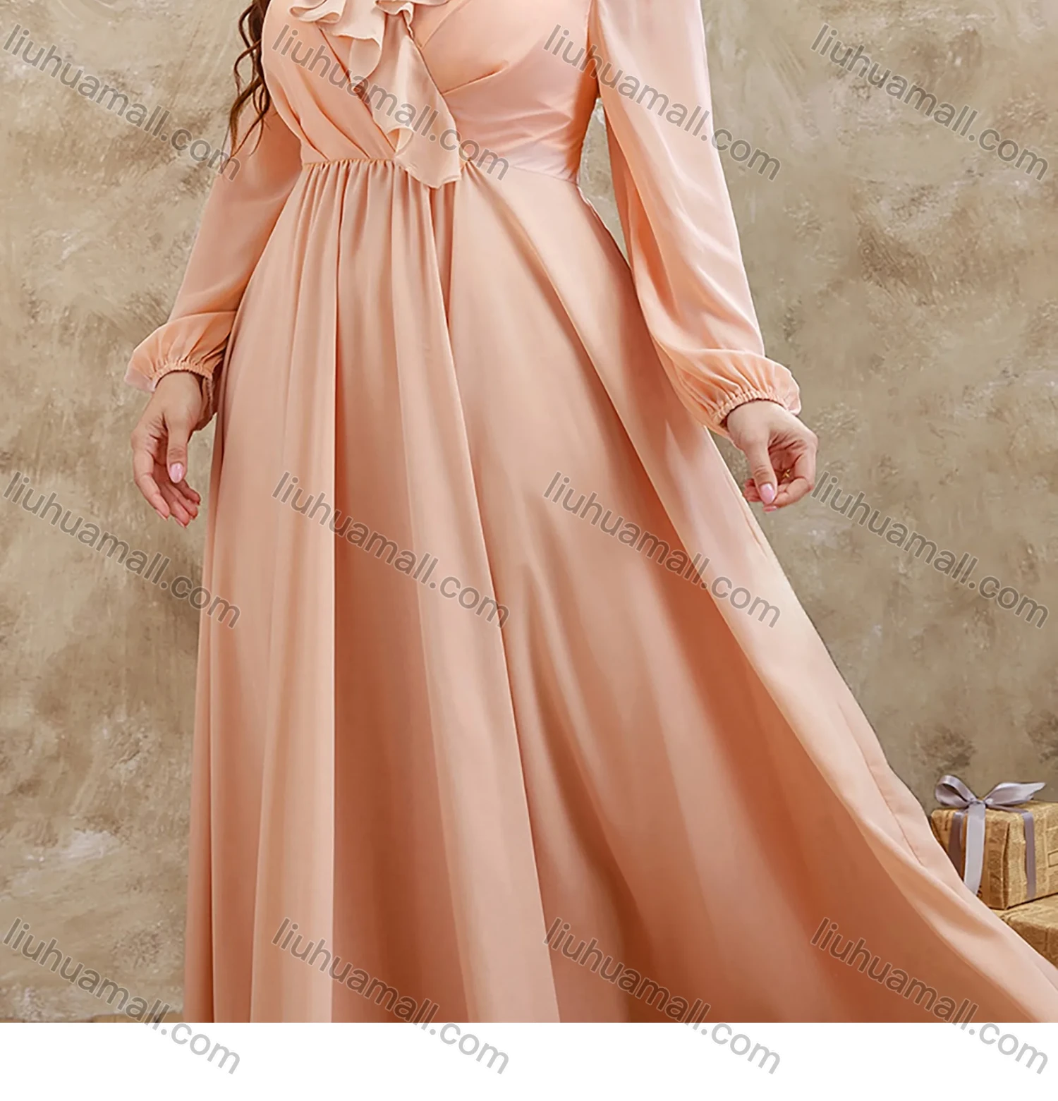 Wholesale Women's Elegant Shawl Collar Ruffle Trim Empire Hem Evening Dress - Liuhuamall