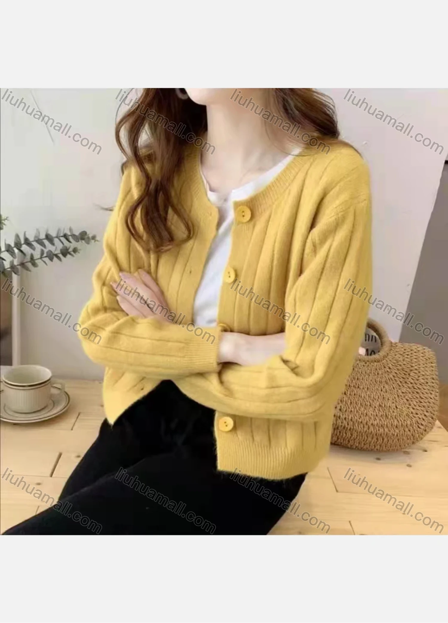 Wholesale Women's Casual Plain Long Sleeve Striped Crew Neck Buttons Down Sweater Cardigan #932 - Liuhuamall