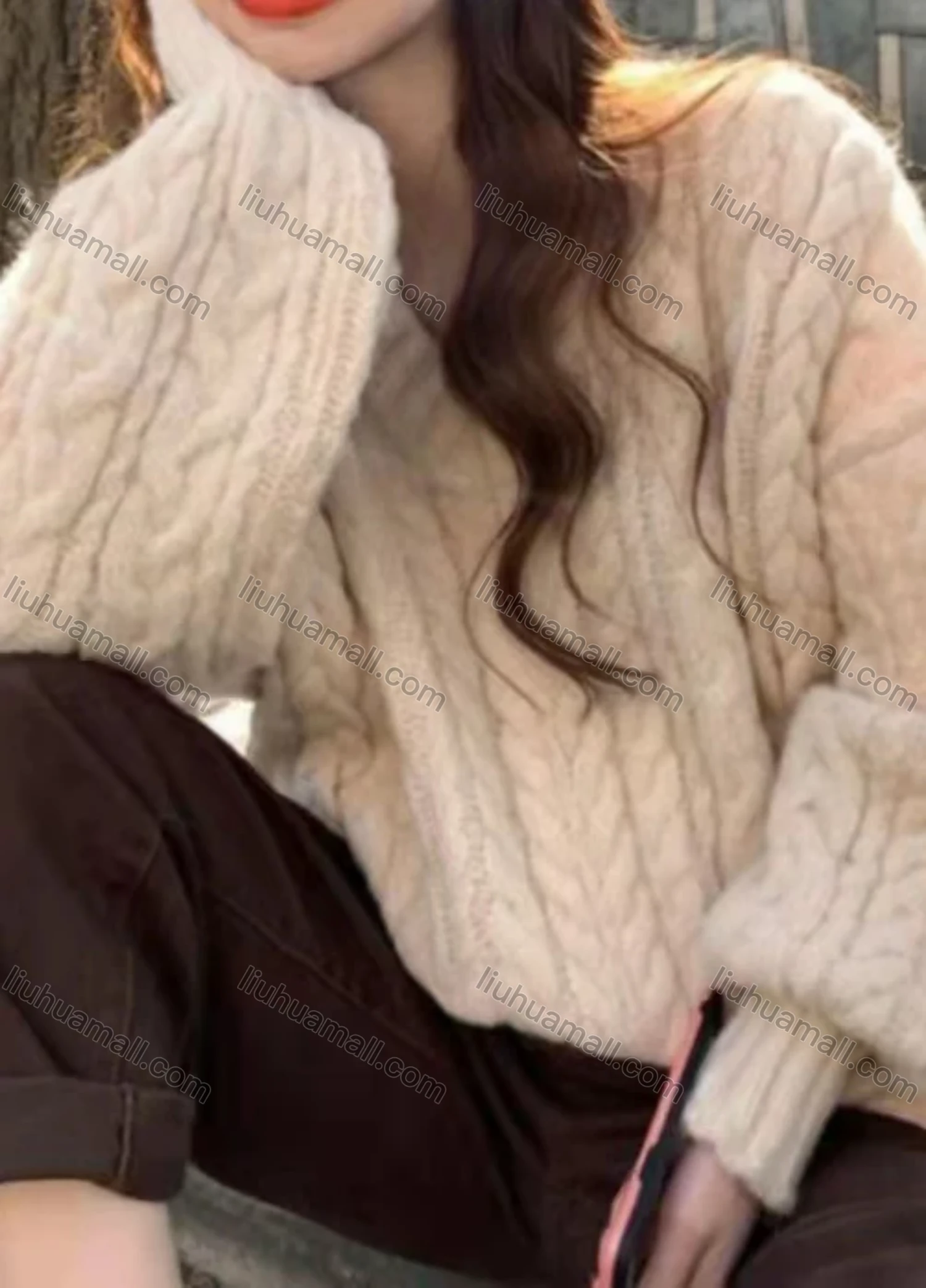 Wholesale Women's Casual Plain V Neck Cable Knit Long Sleeve Sweater 923# - Liuhuamall