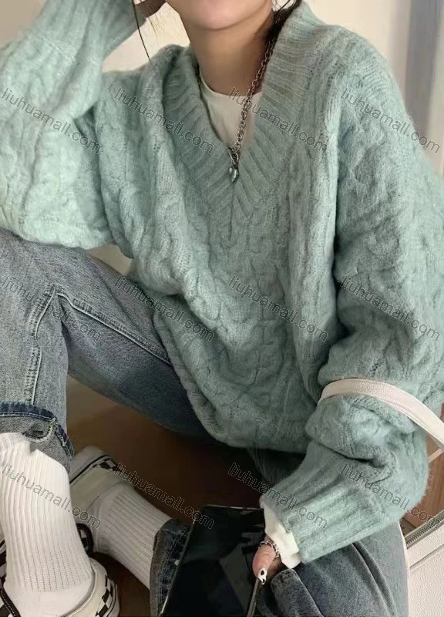 Wholesale Women's Casual Plain V Neck Cable Knit Long Sleeve Sweater 923# - Liuhuamall