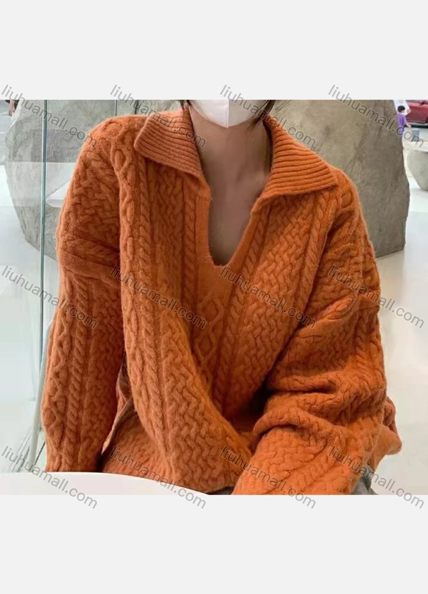 Wholesale Women's Casual Turn-down Collar Cable Knit Long Sleeve Relaxed Fit Sweater #952 - Liuhuamall