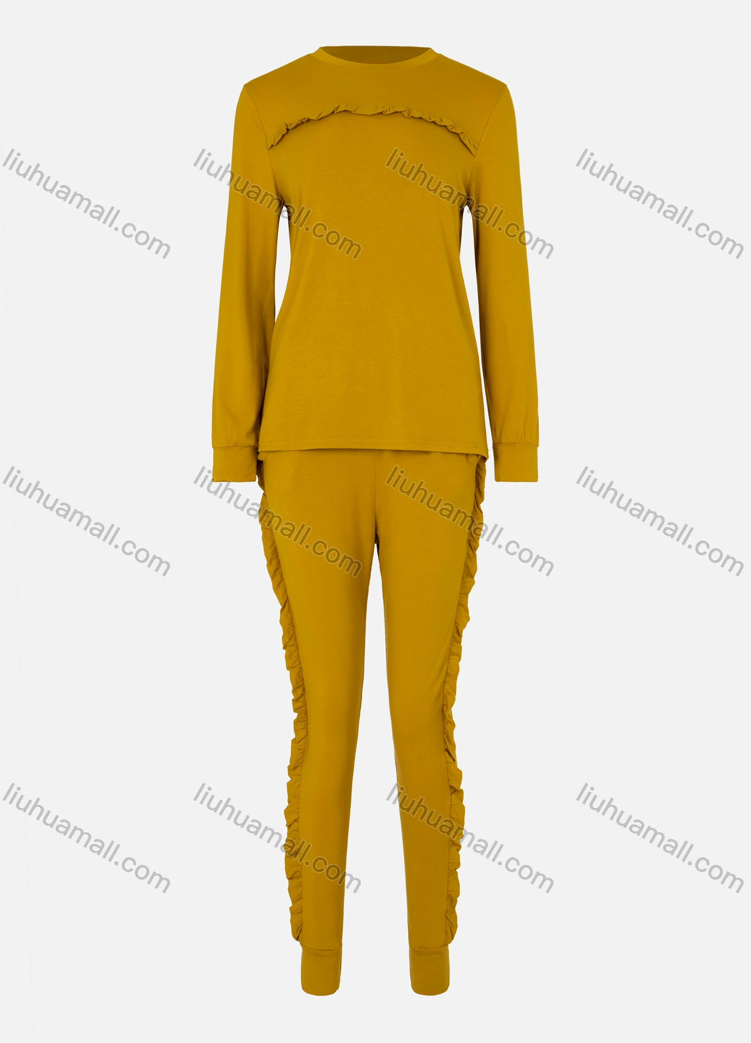 Wholesale Women's Casual Long Sleeve Ruffle Trim Plain Top&Sweatpant Sets 8392# - Liuhuamall