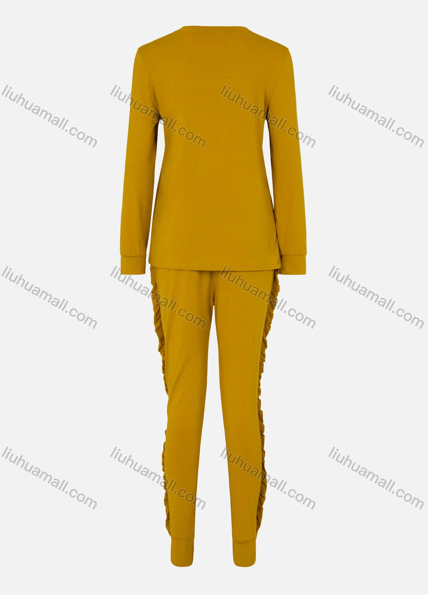 Wholesale Women's Casual Long Sleeve Ruffle Trim Plain Top&Sweatpant Sets 8392# - Liuhuamall