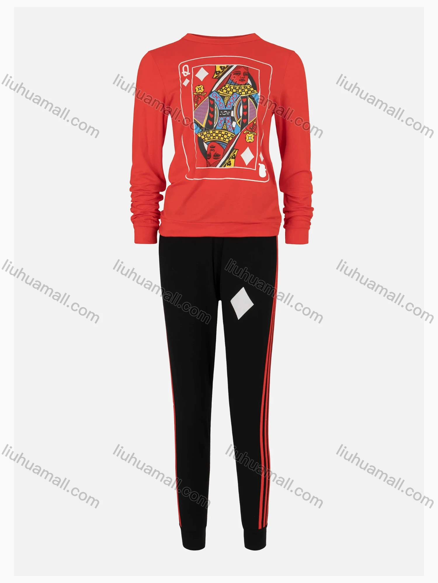 Wholesale Women's Casual Long Sleeve Playing Card Print Top & Striped Sweatpants Sets - Liuhuamall