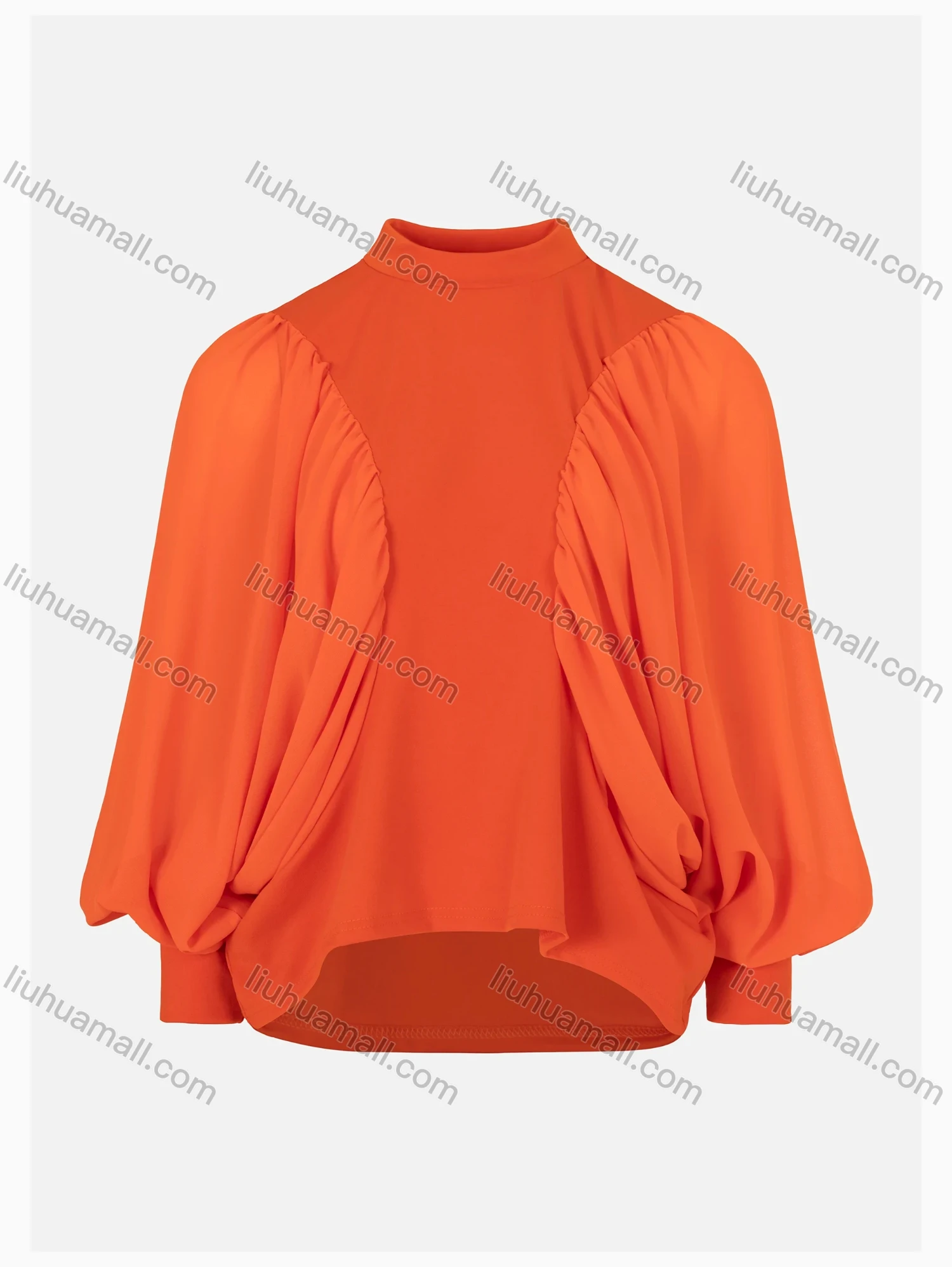 Wholesale Women's Elegant Lantern Sleeve Mock Neck Ruched High low Hem Plain Blouse - Liuhuamall