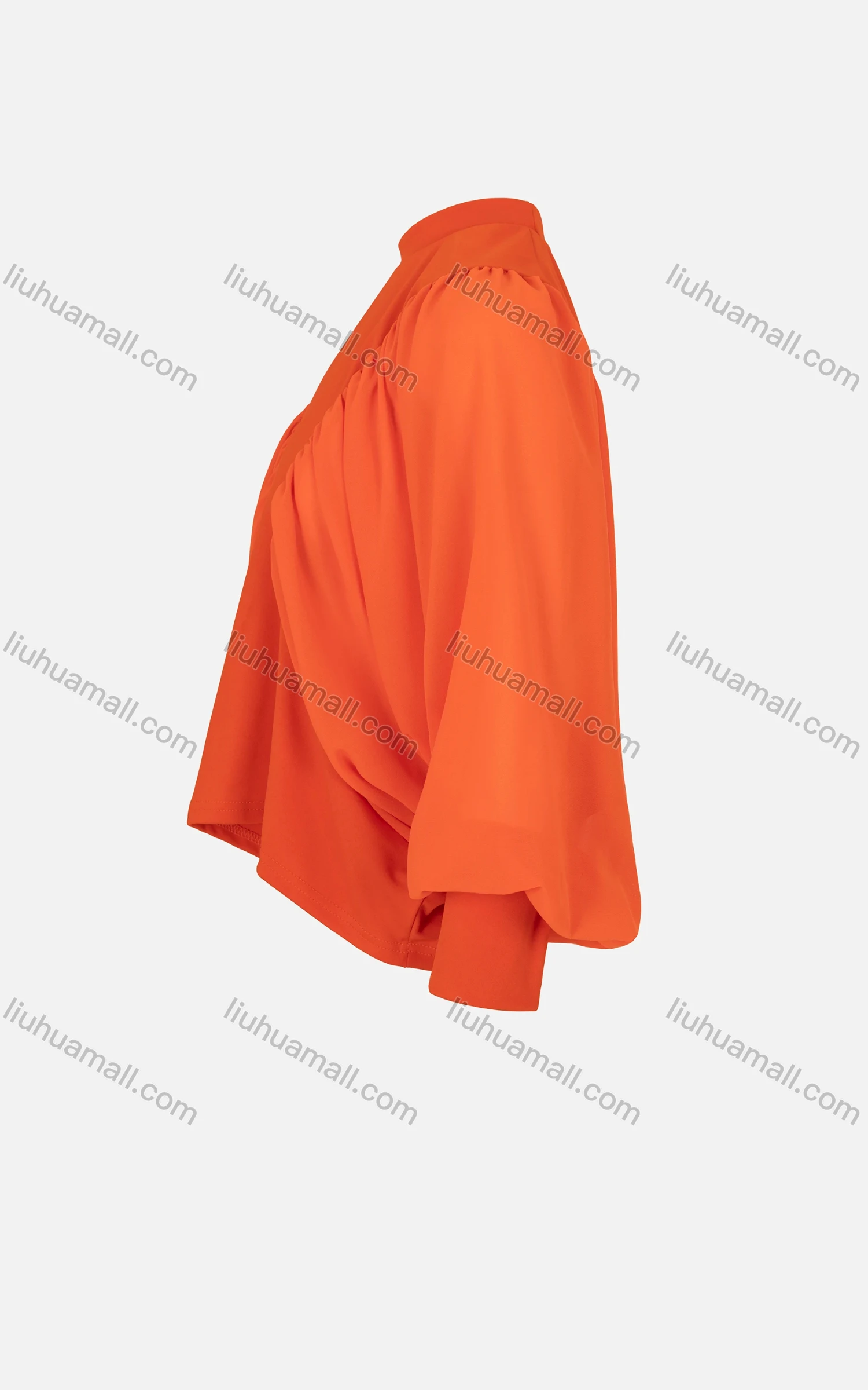 Wholesale Women's Elegant Lantern Sleeve Mock Neck Ruched High low Hem Plain Blouse - Liuhuamall