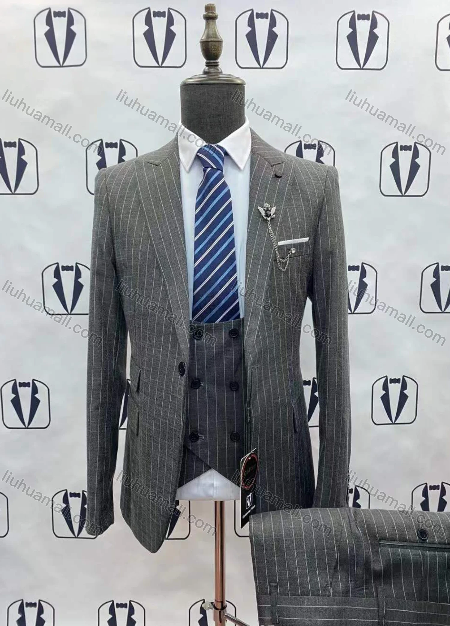 Wholesale Men's Business Double Breasted Striped Blazer&Vest&Pants Formal Suit 3 Piece Sets 787-Gray# - Liuhuamall