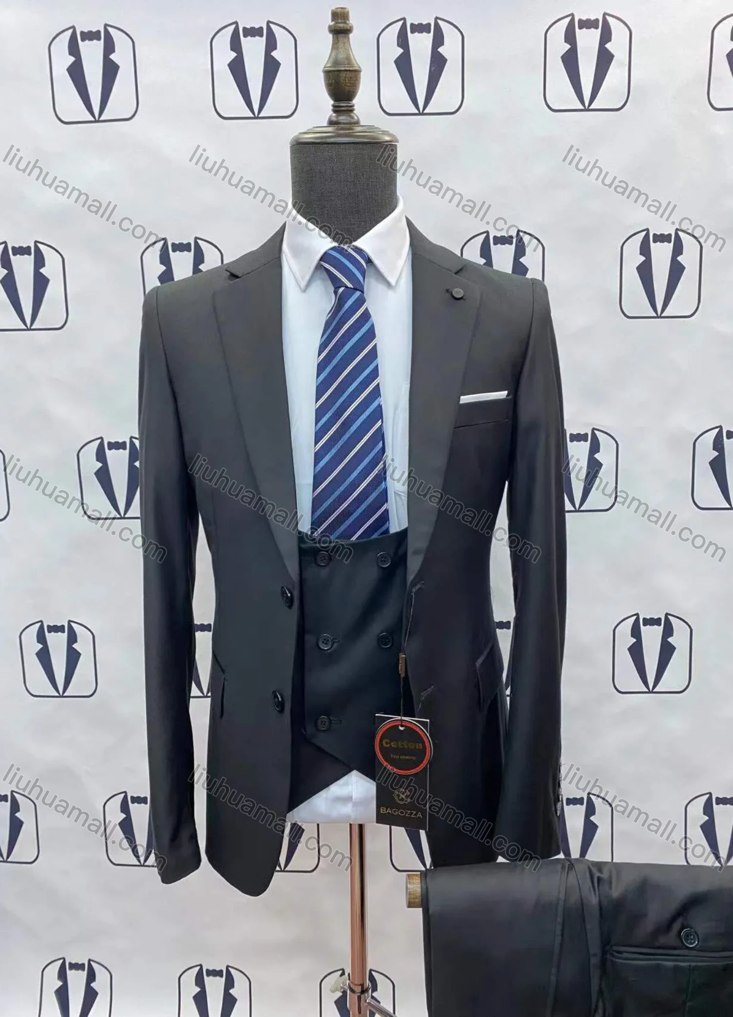 Wholesale Men's Business Double Breasted Plain Blazer&Vest&Pants Formal Suit 3 Piece Sets 788-Black# - Liuhuamall