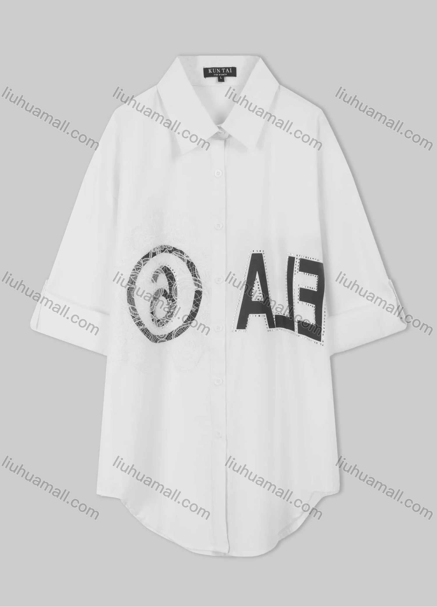 Wholesale Women's Casual 3/4 Sleeve Button Down Lace Rhinestone Letter Print Tunic Blouse - Liuhuamall