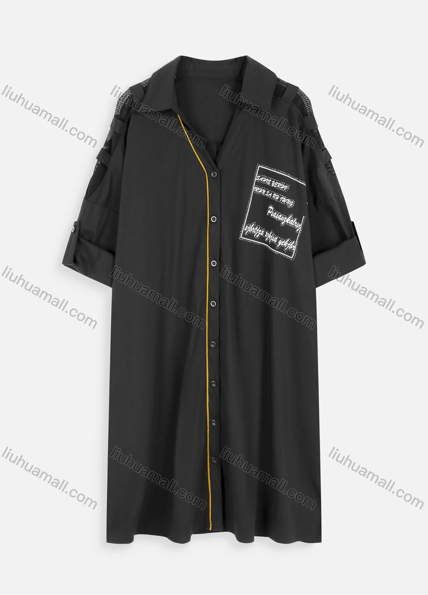 Wholesale Women's Casual Mesh Sleeve Button Down Rhinestone Letter Print Midi Shirt Dress - Liuhuamall