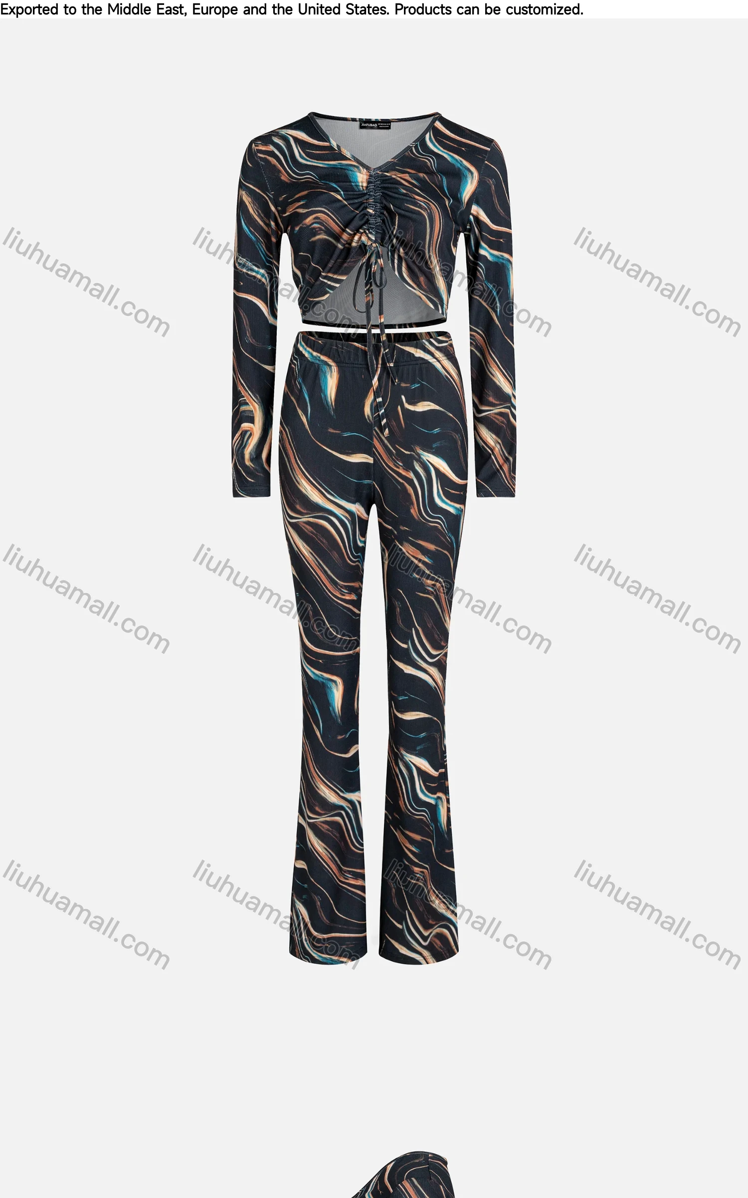 Wholesale Women's Casual V-Neck Ruched Drawstring Wave Print Crop Top & Flare Pants 2 Piece Set FB001/FB002# - Liuhuamall