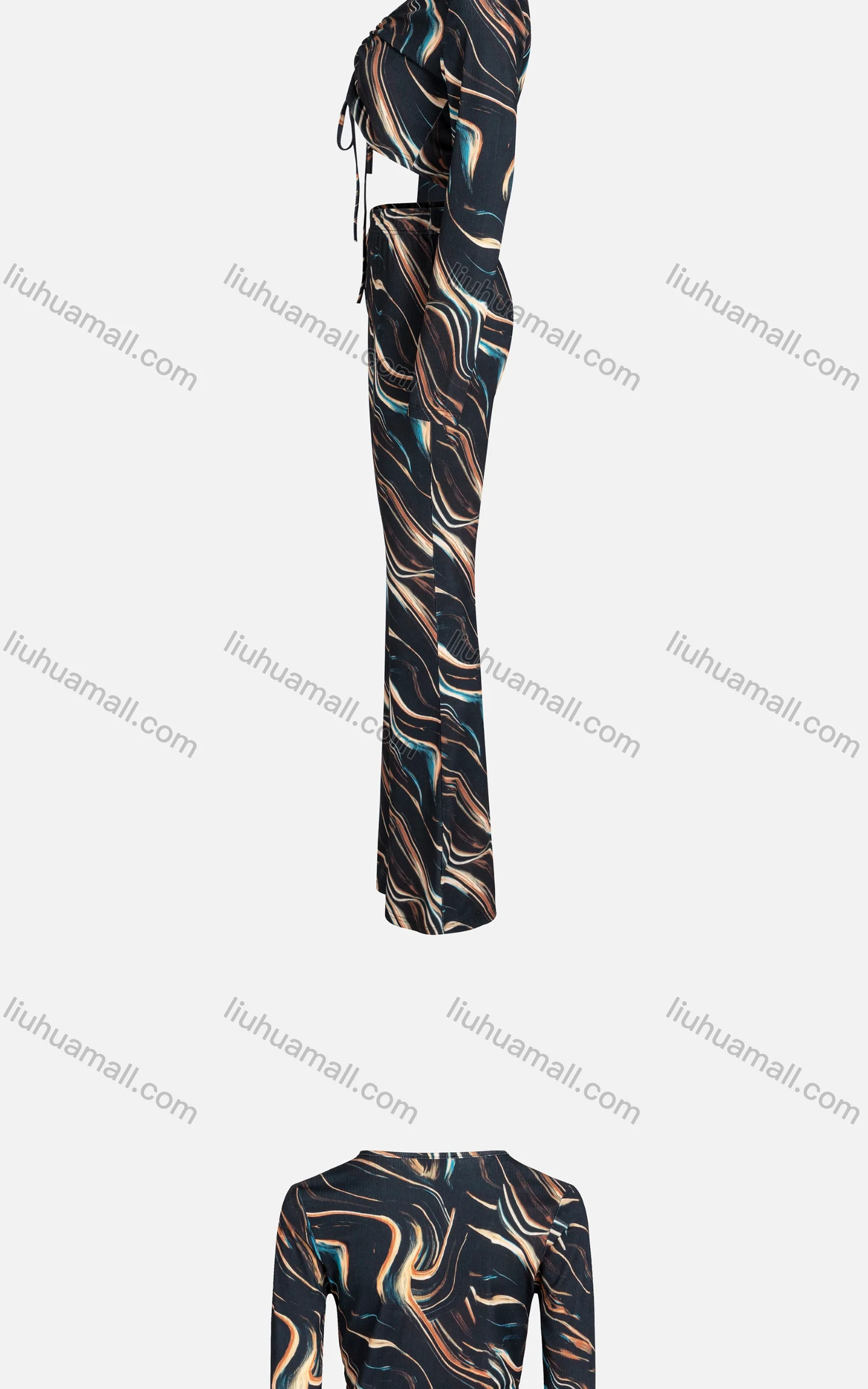 Wholesale Women's Casual V-Neck Ruched Drawstring Wave Print Crop Top & Flare Pants 2 Piece Set FB001/FB002# - Liuhuamall