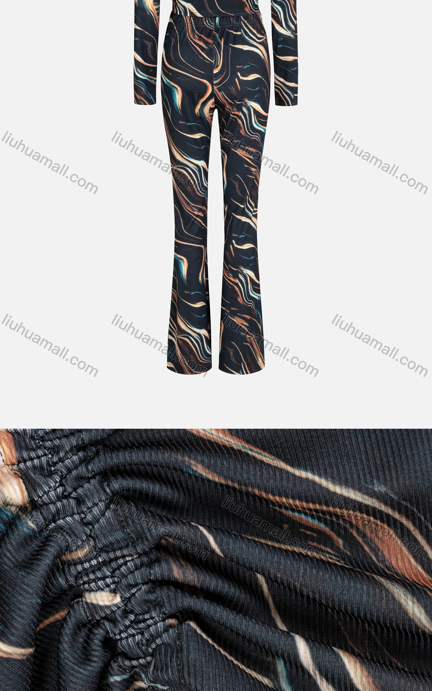 Wholesale Women's Casual V-Neck Ruched Drawstring Wave Print Crop Top & Flare Pants 2 Piece Set FB001/FB002# - Liuhuamall