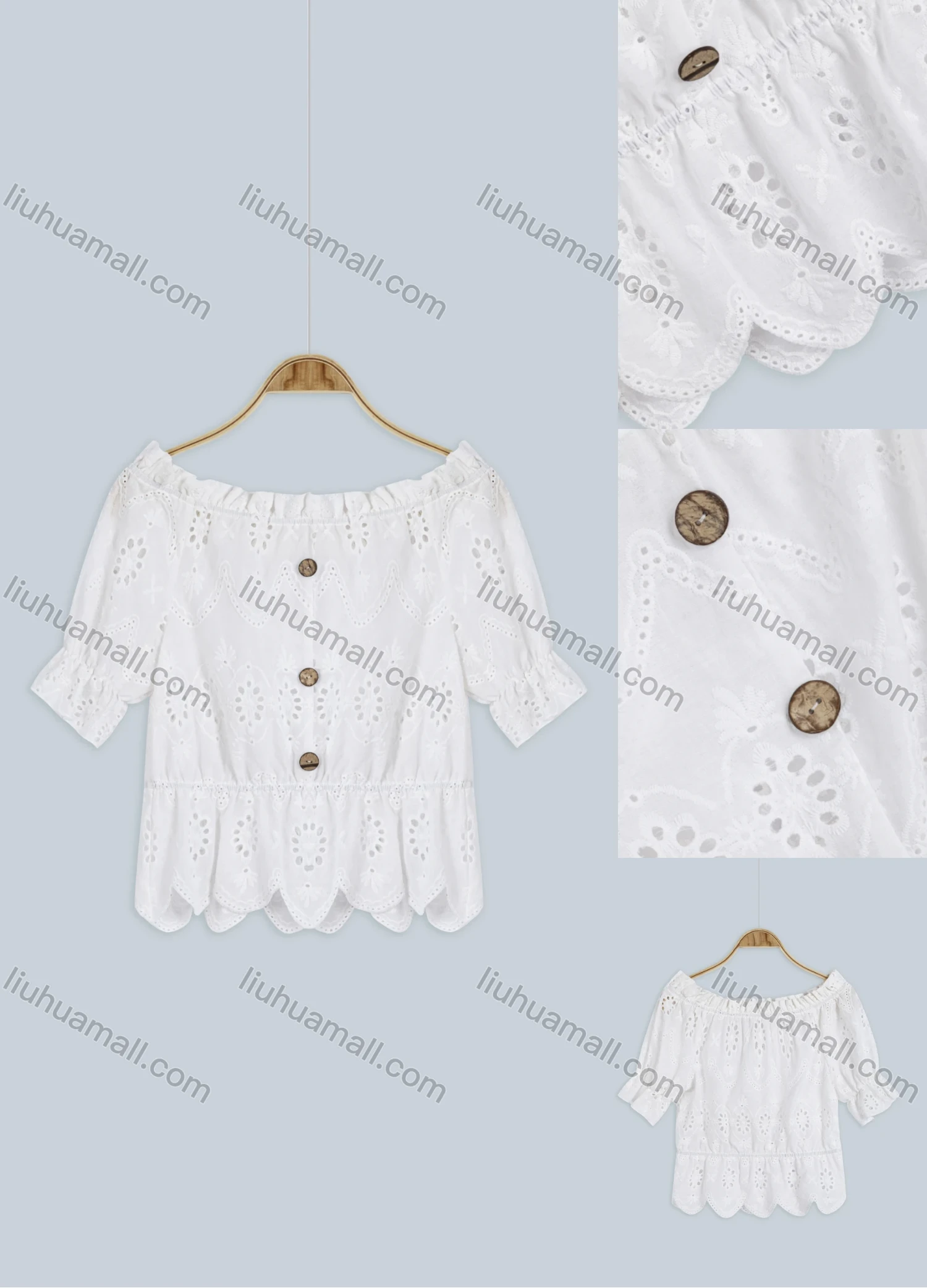 Wholesale Women's Plain Off Shoulder Short Sleeve Eyelet Embroidered Ruffle Trim Button Decor Scallop Hem Top FR2026# - Liuhuamall