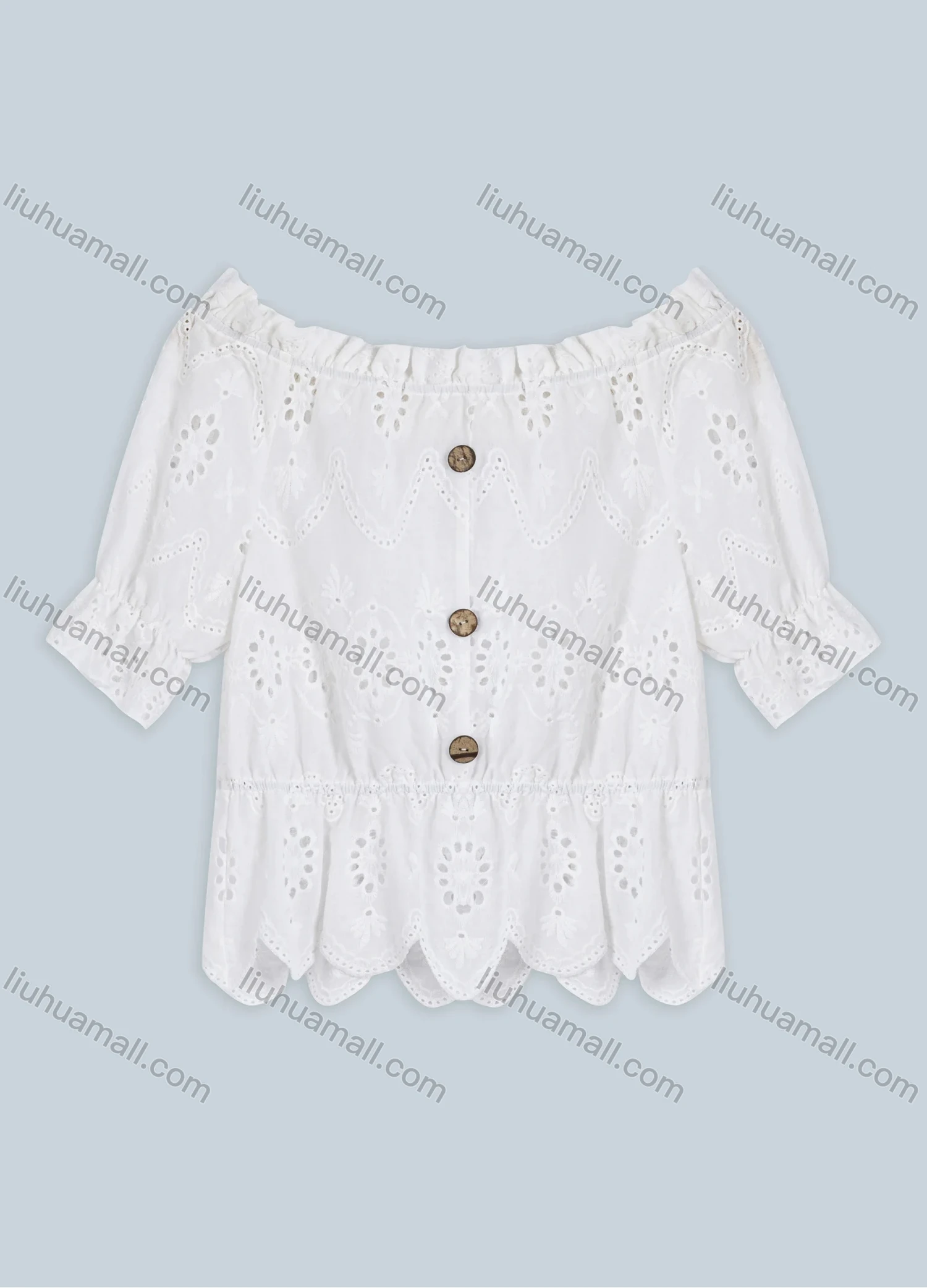 Wholesale Women's Plain Off Shoulder Short Sleeve Eyelet Embroidered Ruffle Trim Button Decor Scallop Hem Top FR2026# - Liuhuamall