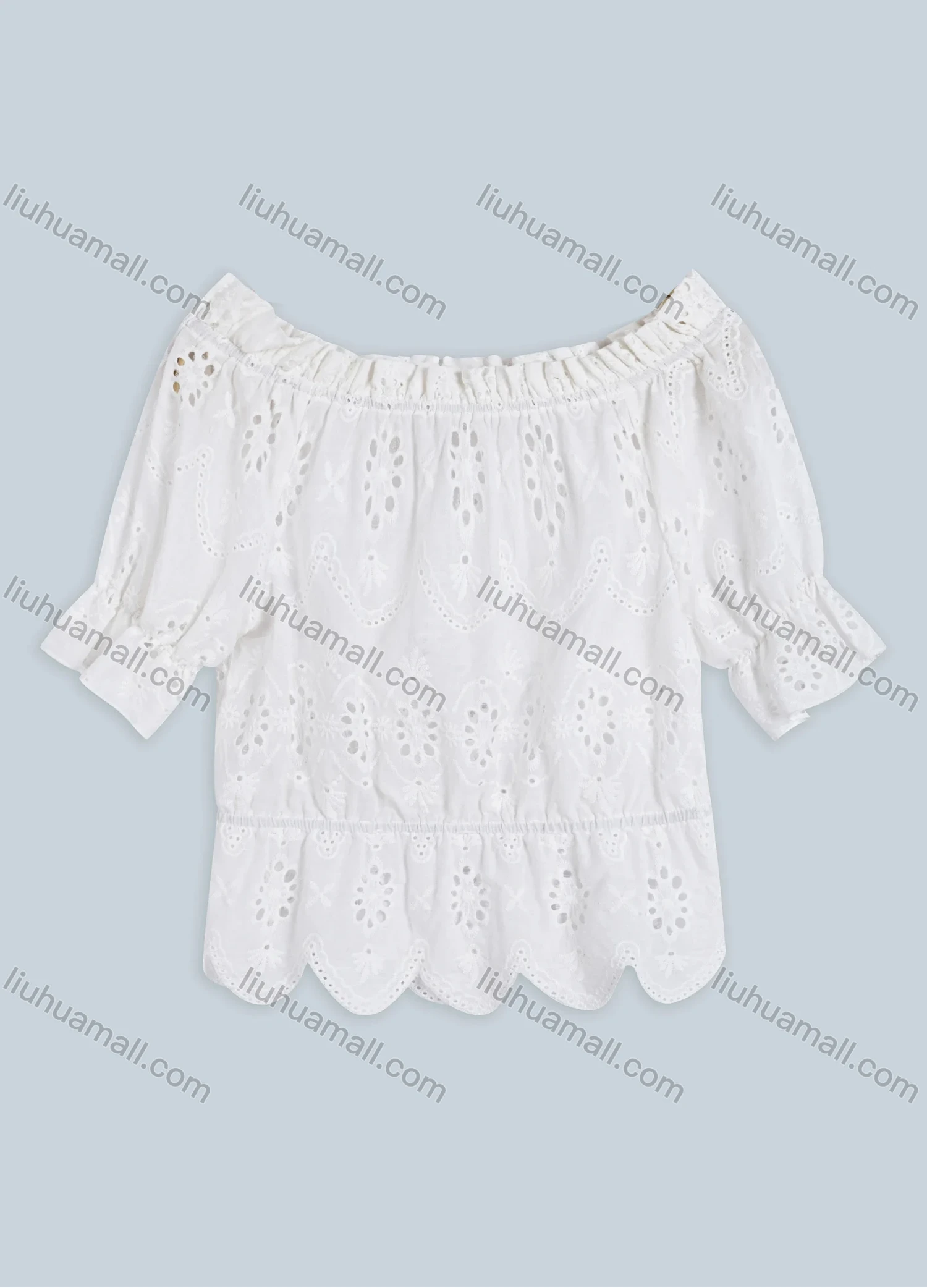 Wholesale Women's Plain Off Shoulder Short Sleeve Eyelet Embroidered Ruffle Trim Button Decor Scallop Hem Top FR2026# - Liuhuamall