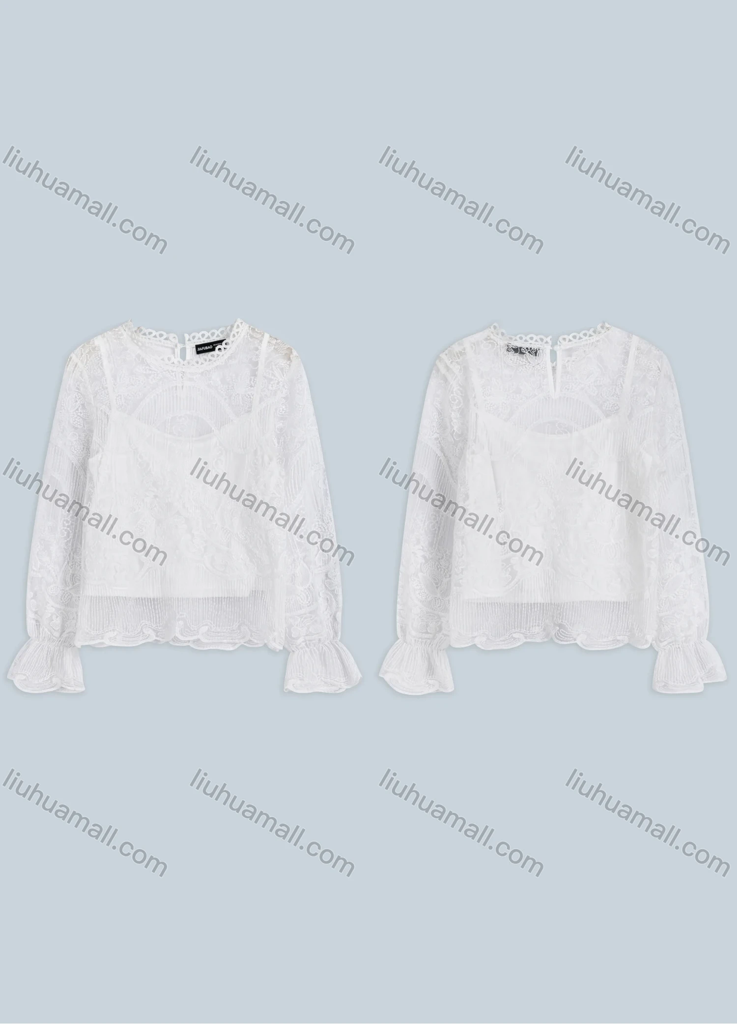 Wholesale Women's Casual Plain Crew Neck Poet Sleeve Sheer Lace 2-in-1 Top FS247# - Liuhuamall