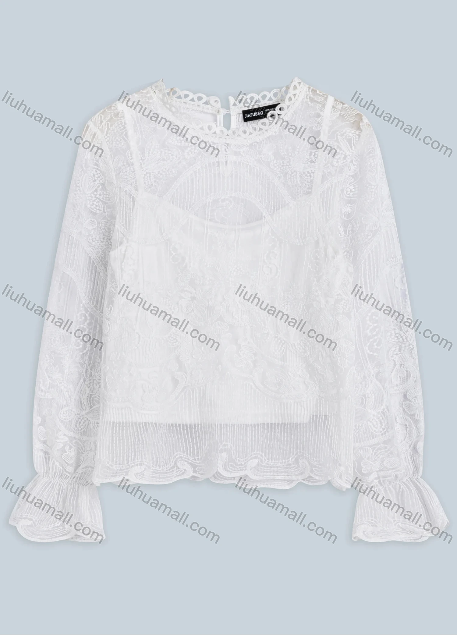Wholesale Women's Casual Plain Crew Neck Poet Sleeve Sheer Lace 2-in-1 Top FS247# - Liuhuamall
