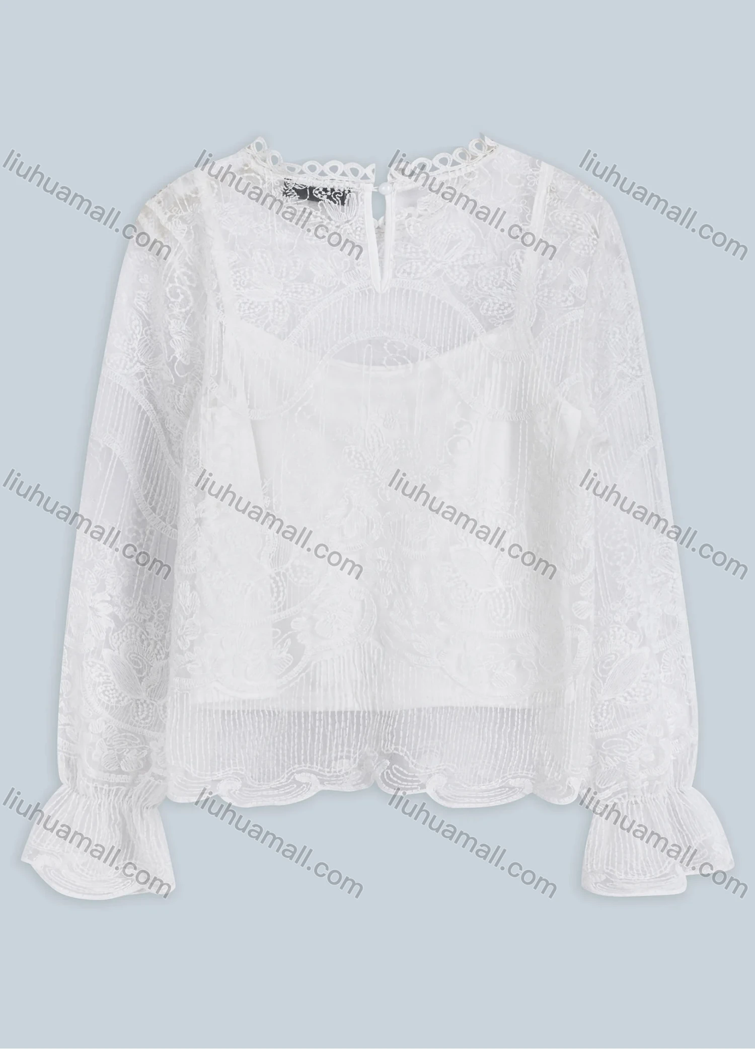 Wholesale Women's Casual Plain Crew Neck Poet Sleeve Sheer Lace 2-in-1 Top FS247# - Liuhuamall