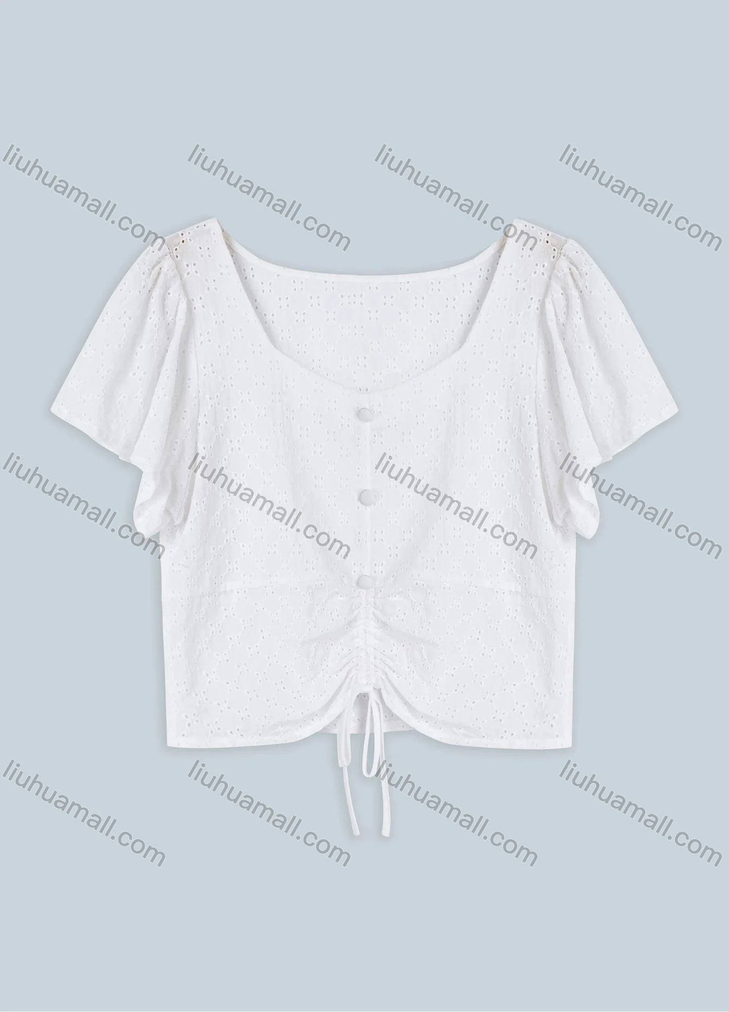 Wholesale Women's Plain Drawstring Eyelet Embroidered Button Decor Crop Top FR2031# - Liuhuamall