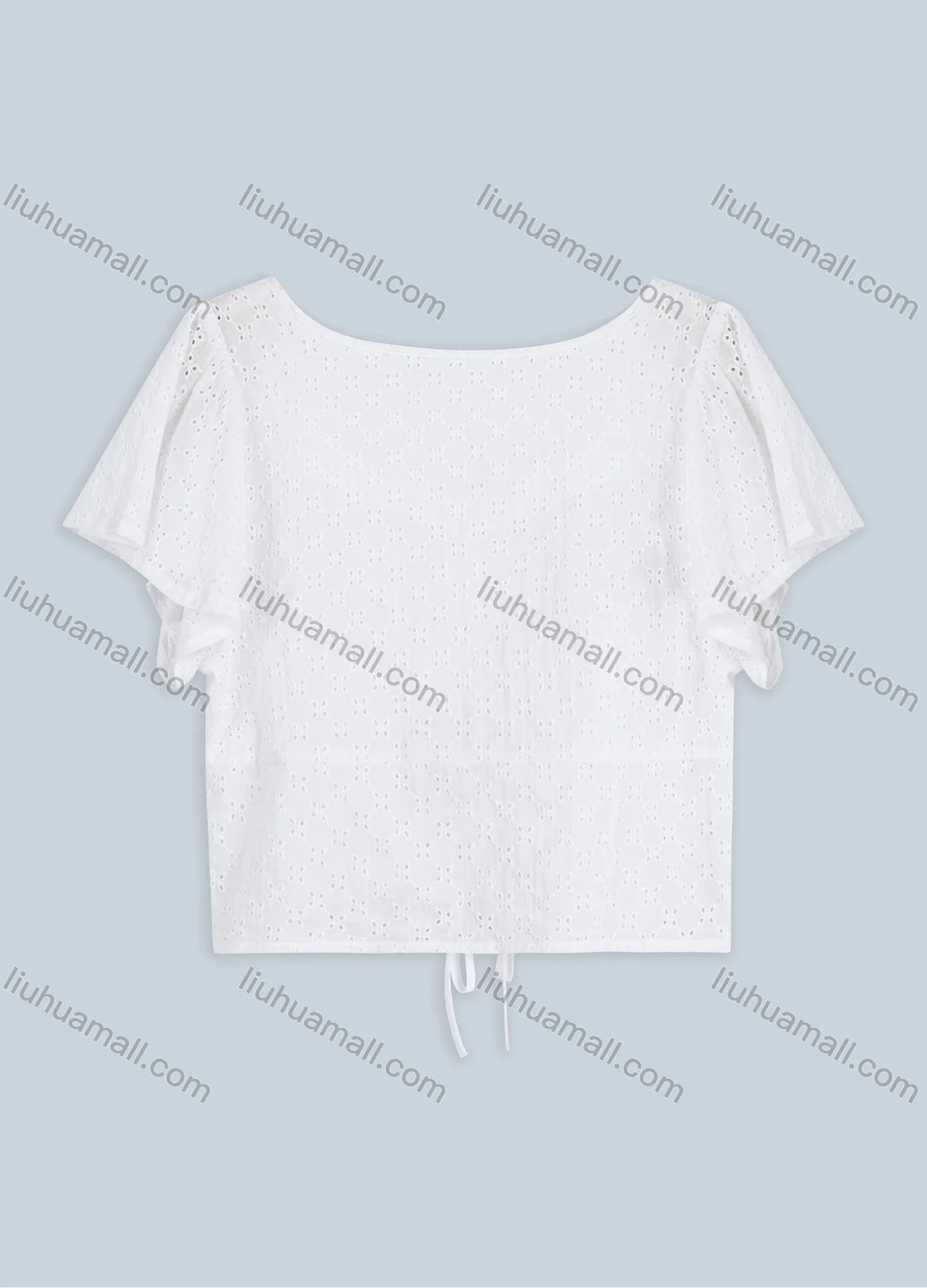 Wholesale Women's Plain Drawstring Eyelet Embroidered Button Decor Crop Top FR2031# - Liuhuamall