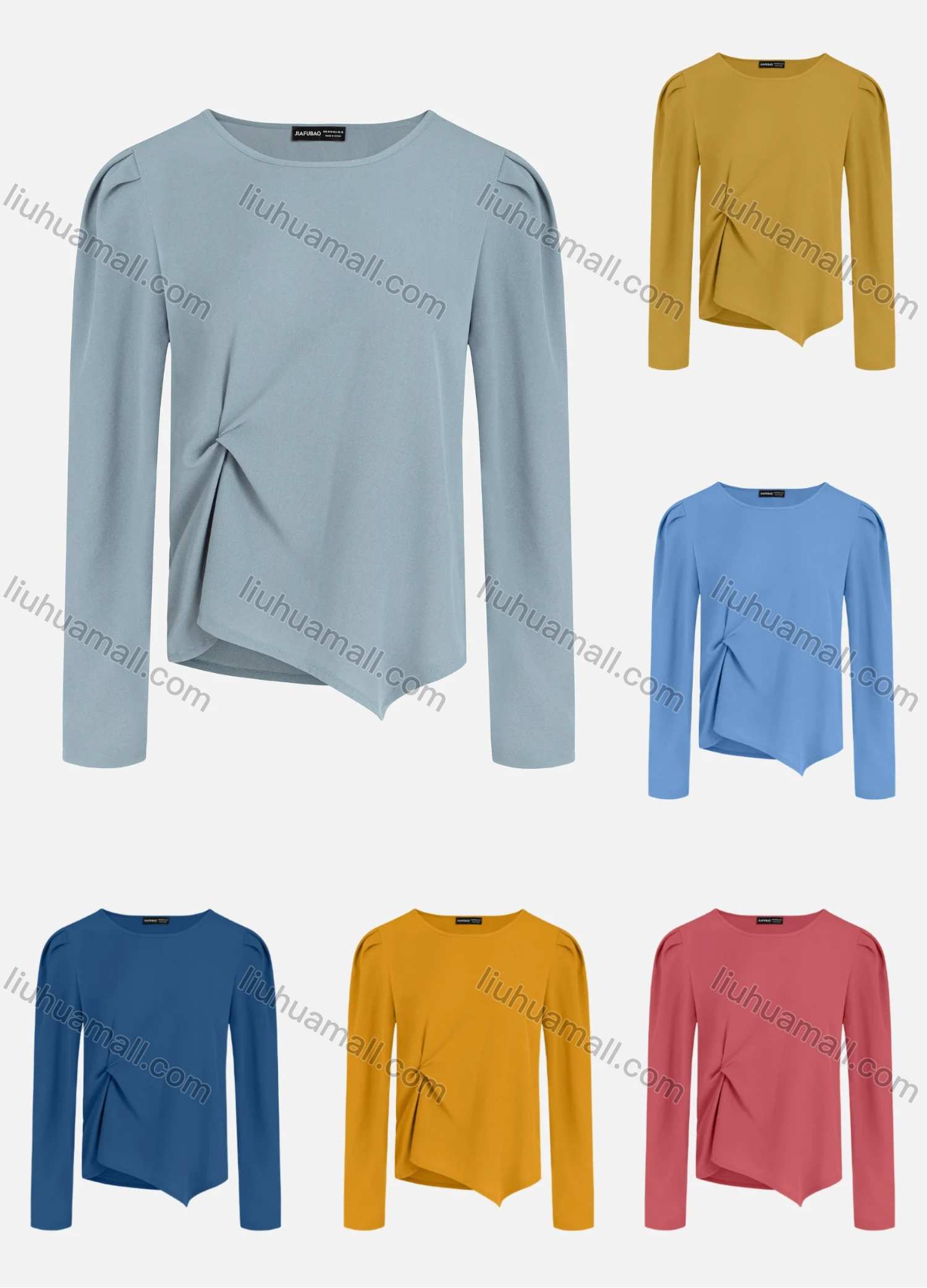 Wholesale Women's Plain Round Neck Ruched Long Sleeve Twist Front Asymmetrical Hem Blouse - Liuhuamall