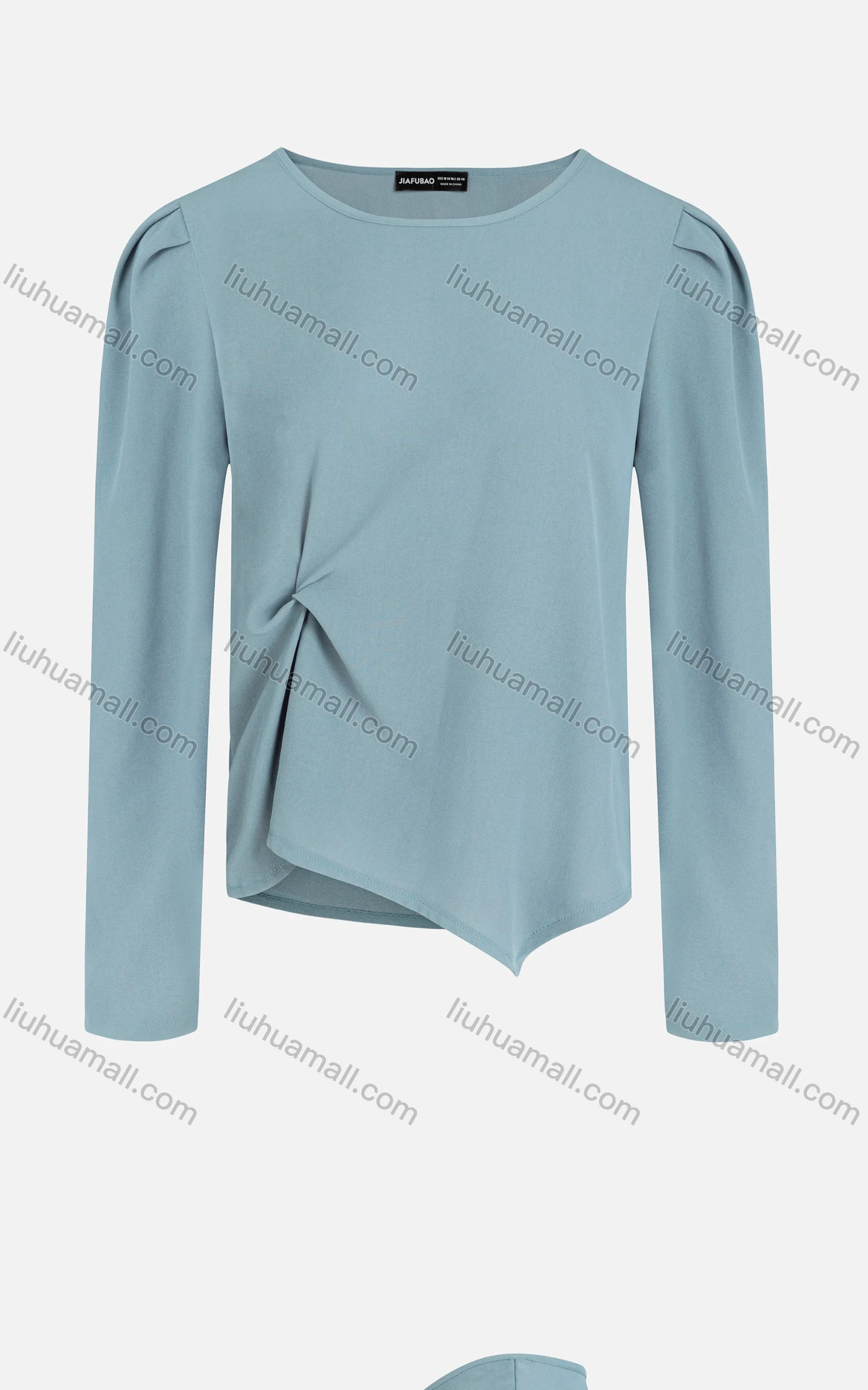 Wholesale Women's Plain Round Neck Ruched Long Sleeve Twist Front Asymmetrical Hem Blouse - Liuhuamall