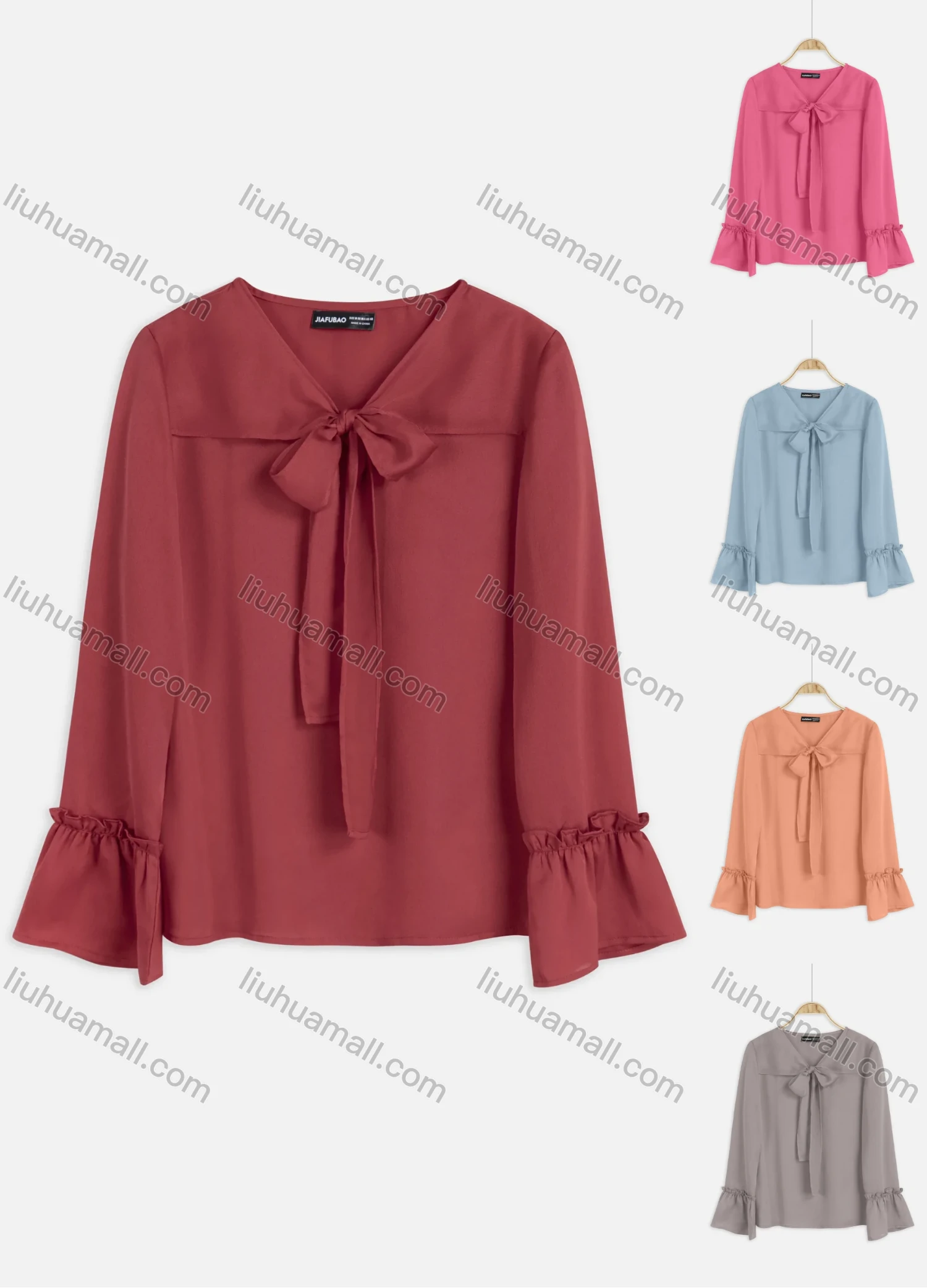 Wholesale Women's Plain Satin V Neck Tie Front Poet Sleeve Ruffle Trim Casual Blouse - Liuhuamall