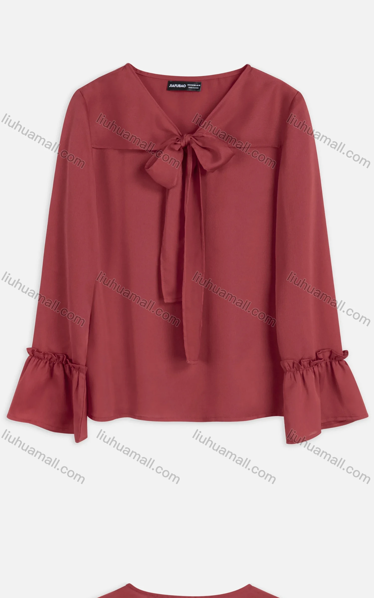 Wholesale Women's Plain Satin V Neck Tie Front Poet Sleeve Ruffle Trim Casual Blouse - Liuhuamall