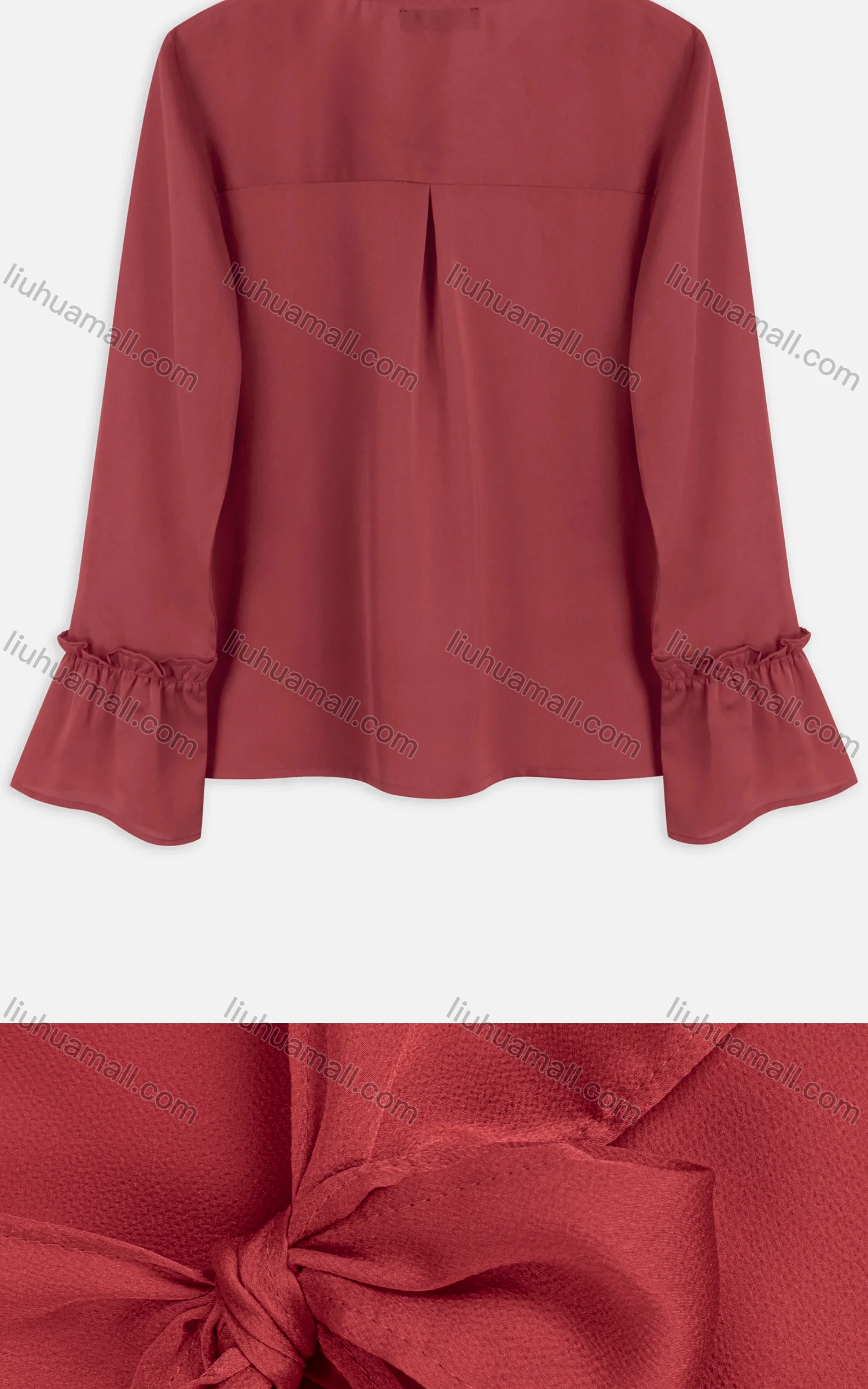 Wholesale Women's Plain Satin V Neck Tie Front Poet Sleeve Ruffle Trim Casual Blouse - Liuhuamall