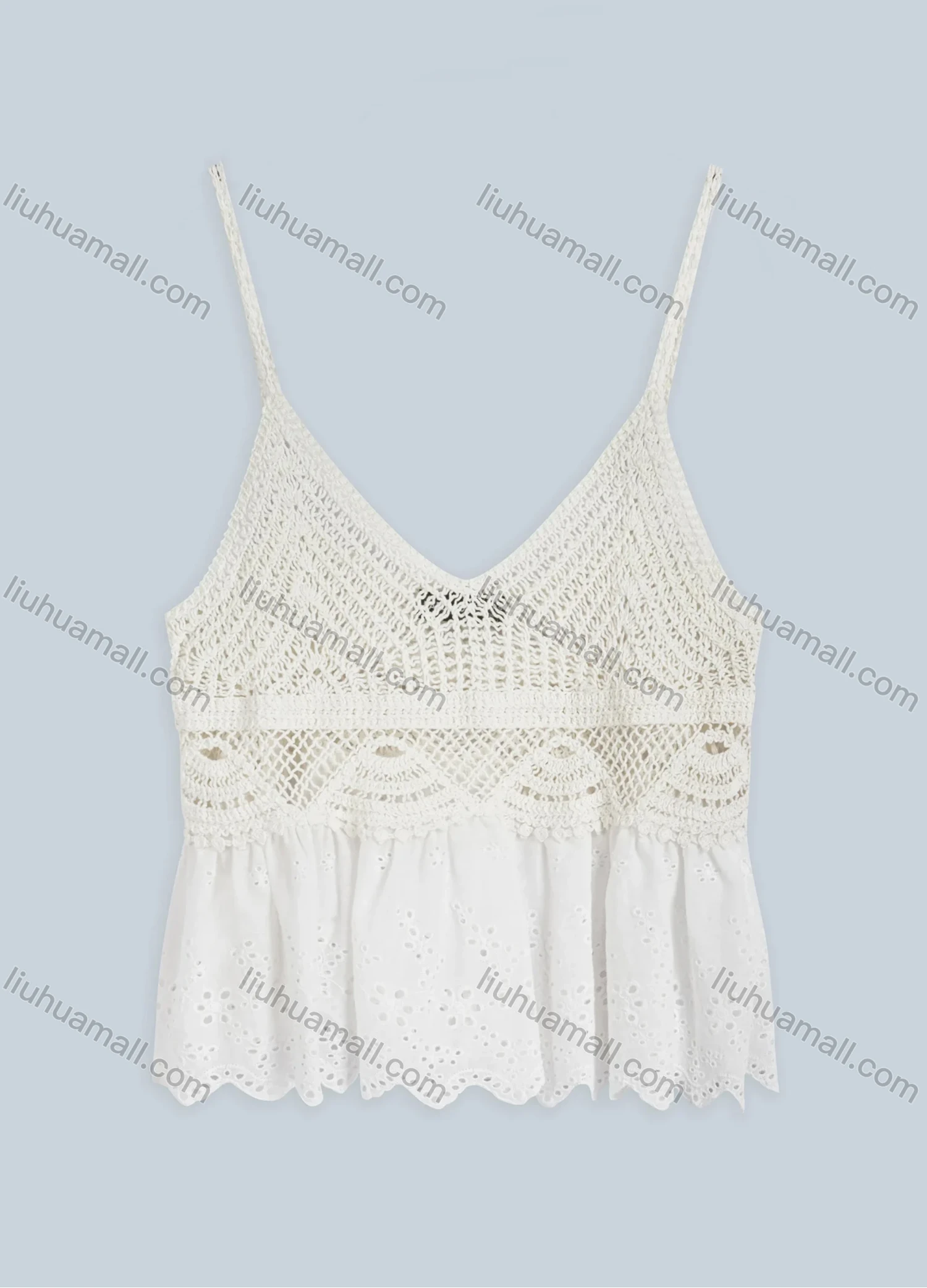 Wholesale Women's Plain Spaghetti Strap Knit Eyelet Embroidered Scallop Hem Crop Cami Top FS22203# - Liuhuamall
