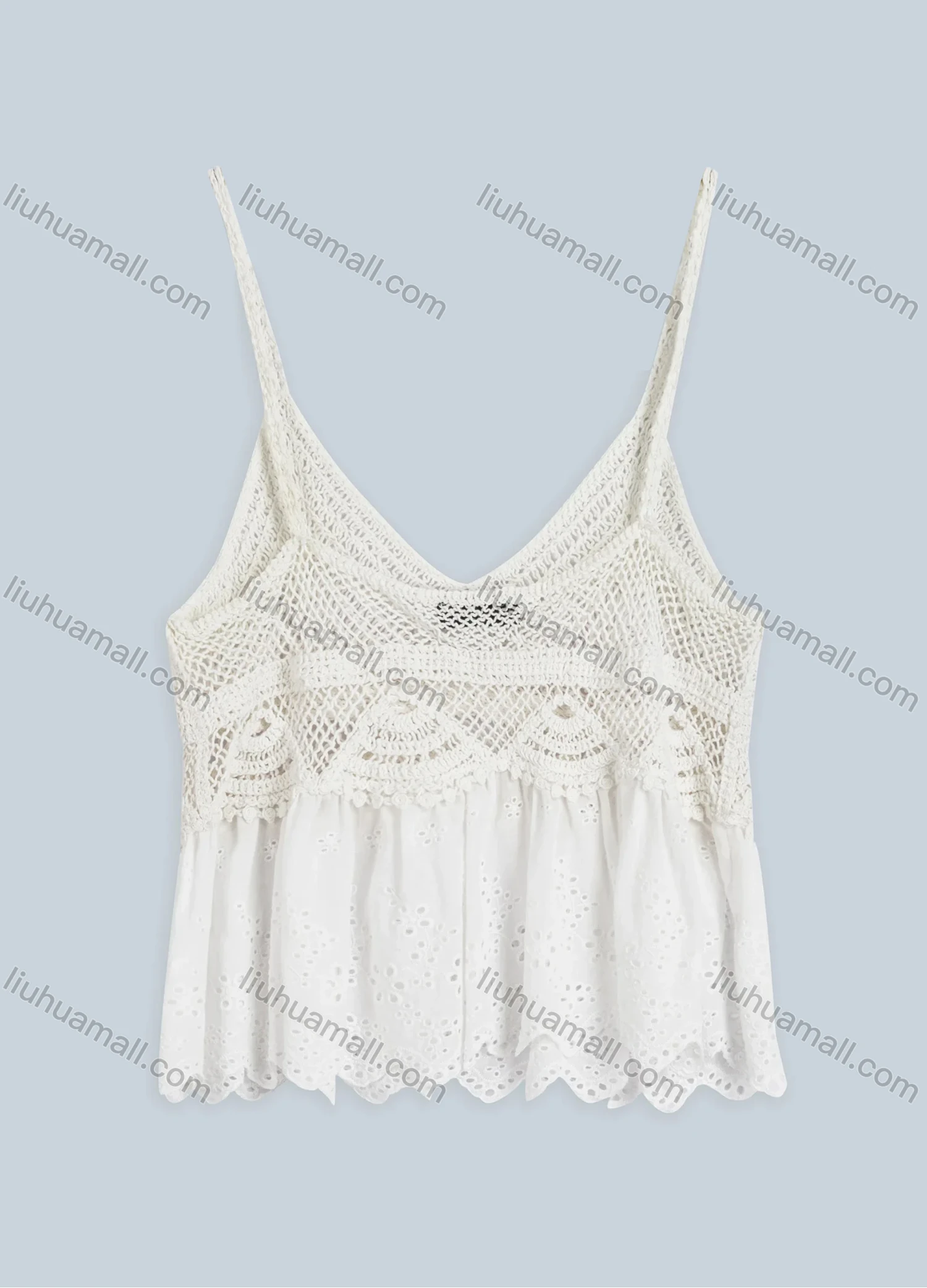 Wholesale Women's Plain Spaghetti Strap Knit Eyelet Embroidered Scallop Hem Crop Cami Top FS22203# - Liuhuamall