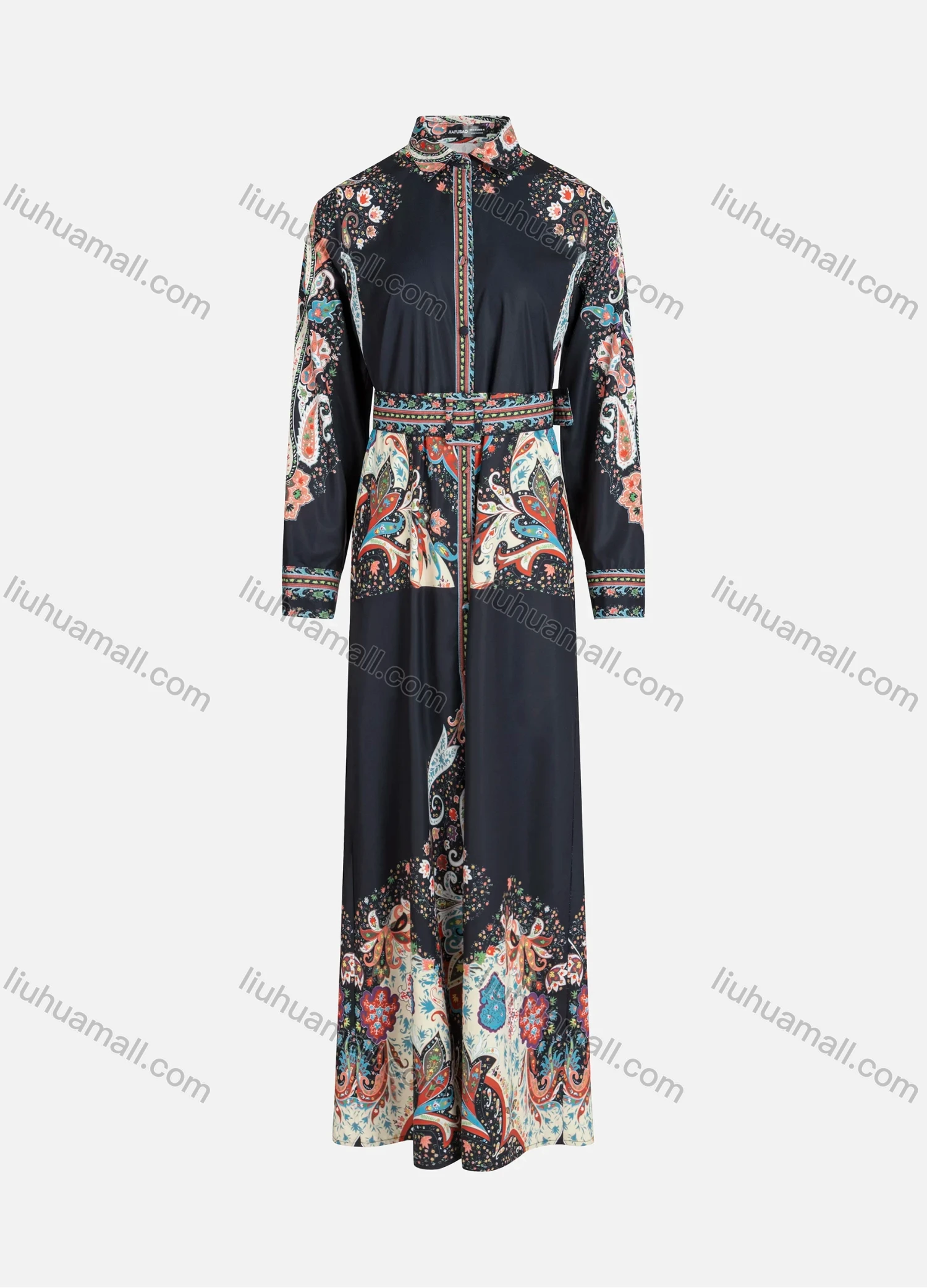 Wholesale Women's Collared Paisley Print Long Sleeve Button Front Folkloric Maxi Dress With Belt WB007# - Liuhuamall