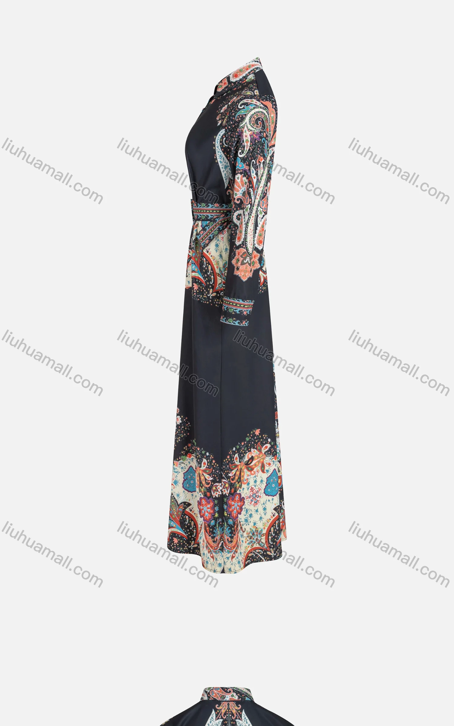 Wholesale Women's Collared Paisley Print Long Sleeve Button Front Folkloric Maxi Dress With Belt WB007# - Liuhuamall