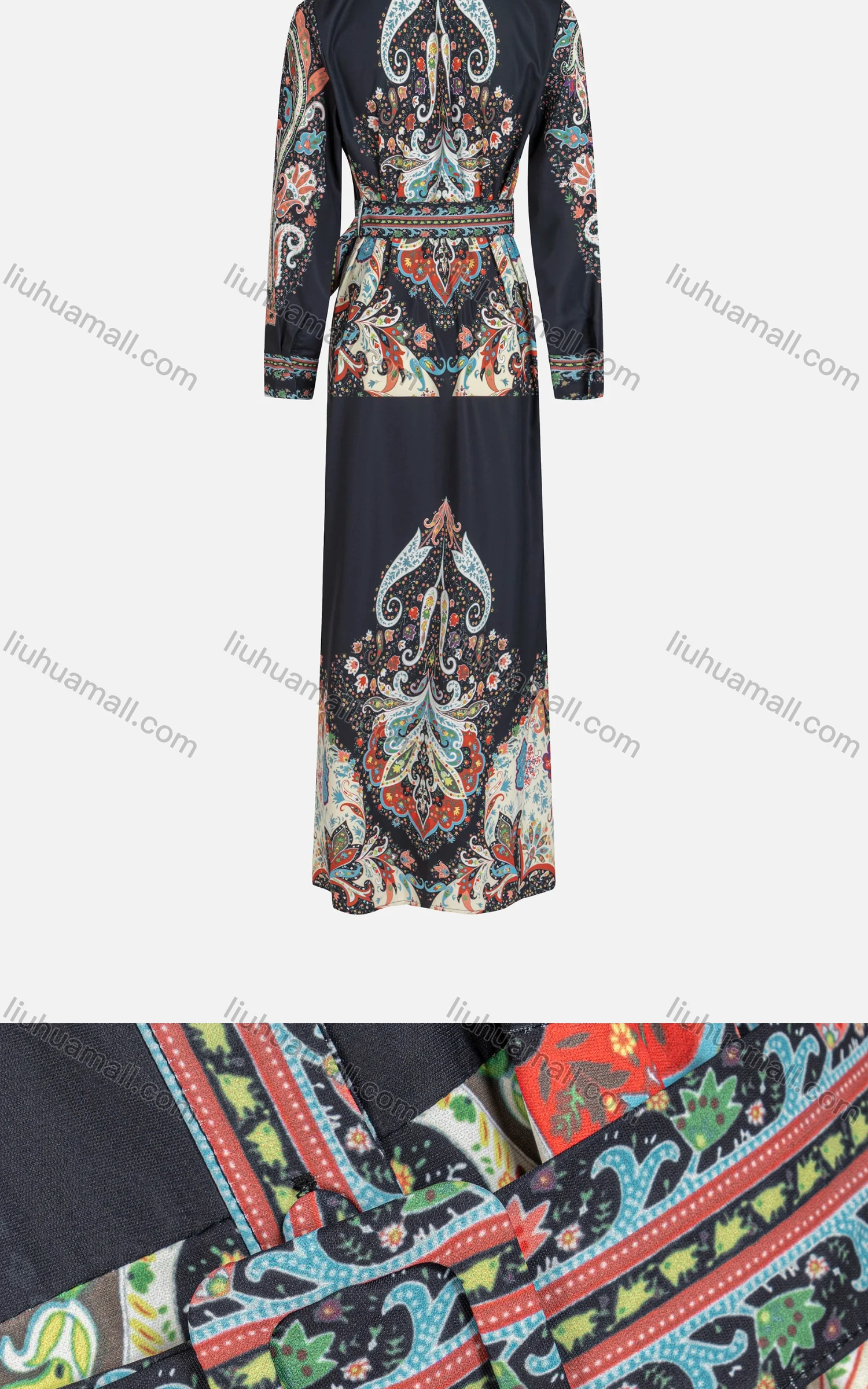 Wholesale Women's Collared Paisley Print Long Sleeve Button Front Folkloric Maxi Dress With Belt WB007# - Liuhuamall