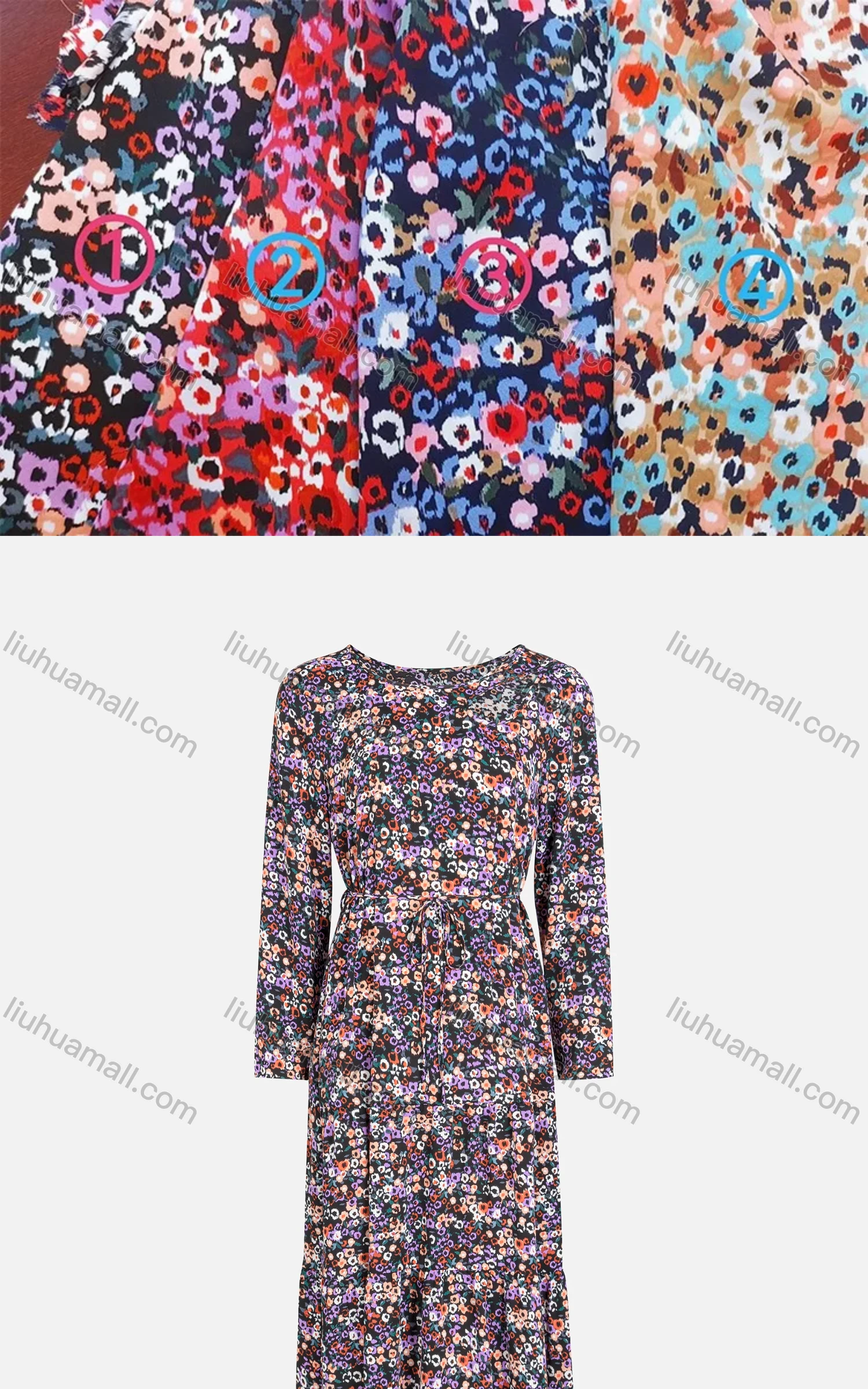 Wholesale Women's Round-Neck Long Sleeve Allover Floral Print Ruffle Hem Maxi Dress With Belt FS819# - Liuhuamall