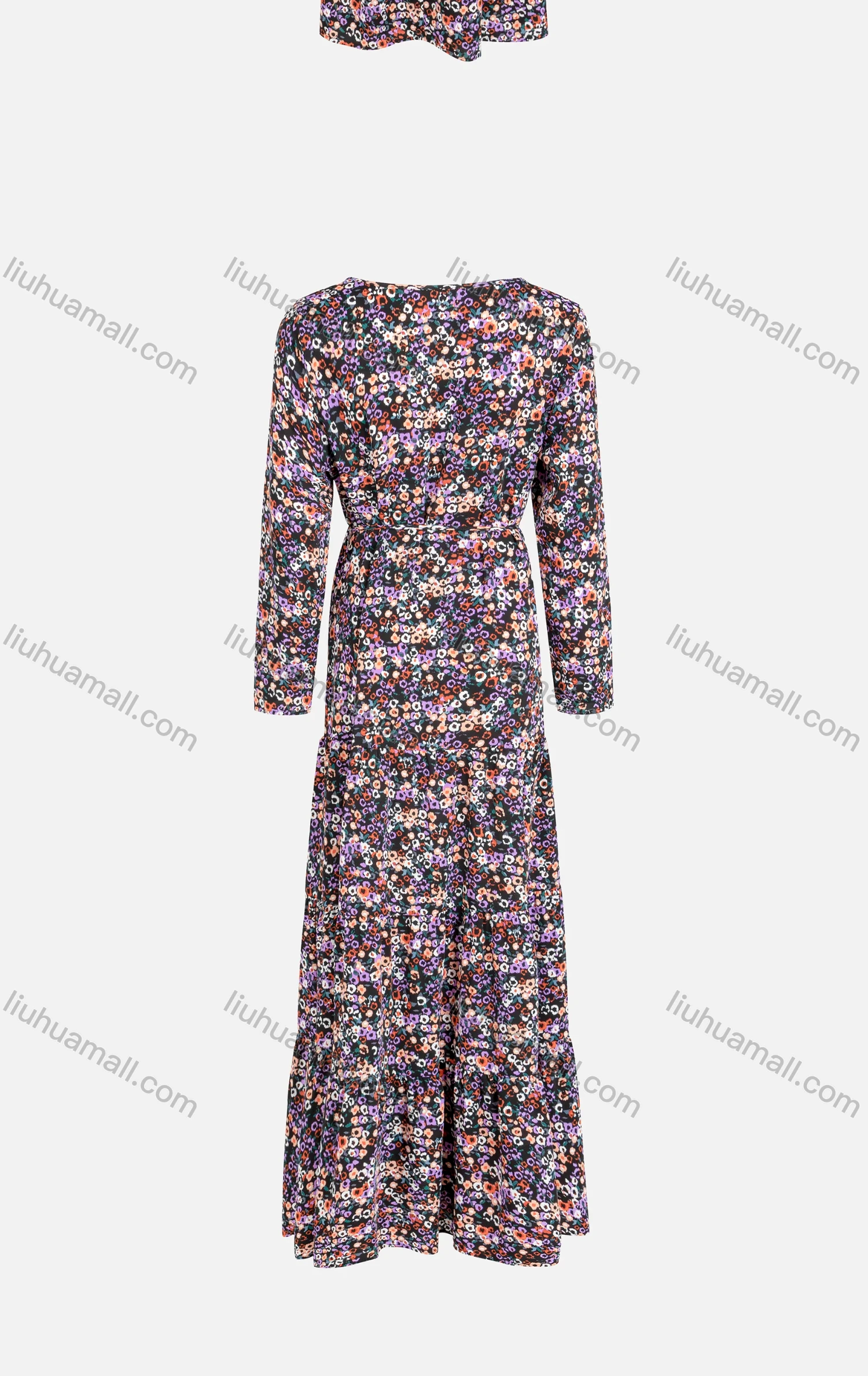 Wholesale Women's Round-Neck Long Sleeve Allover Floral Print Ruffle Hem Maxi Dress With Belt FS819# - Liuhuamall