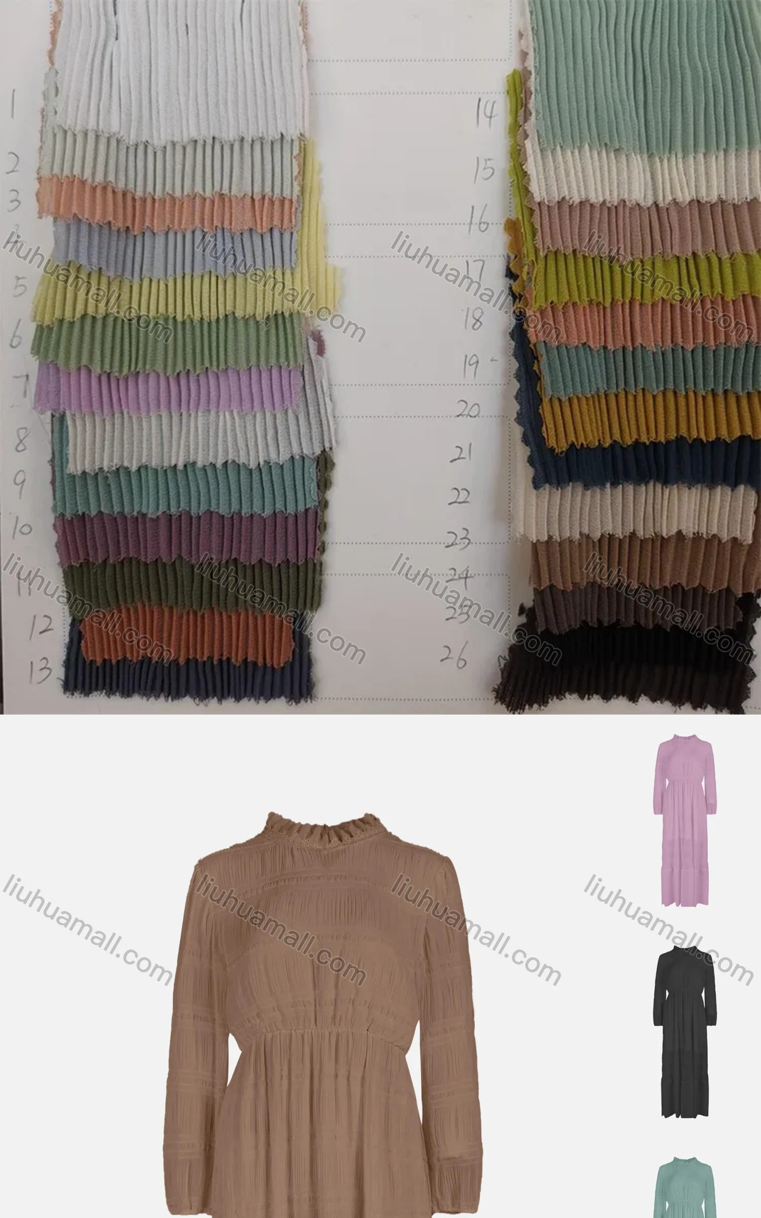 Wholesale Women's Elegant Plain Ruffle Trim Mock Neck Shirred Long Sleeve Maxi Dress - Liuhuamall