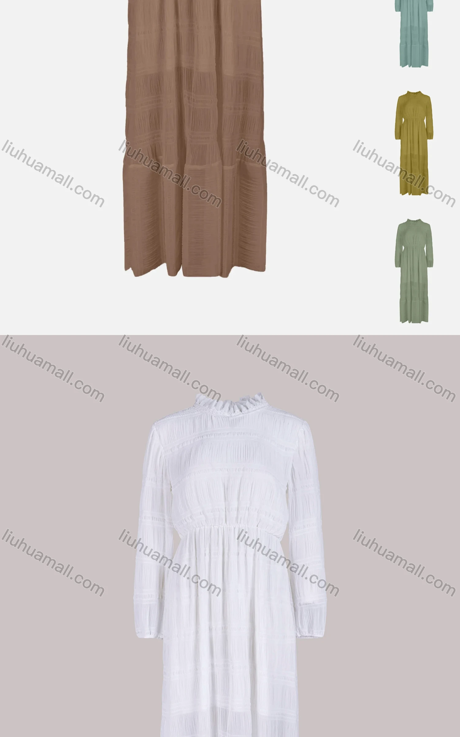 Wholesale Women's Elegant Plain Ruffle Trim Mock Neck Shirred Long Sleeve Maxi Dress - Liuhuamall