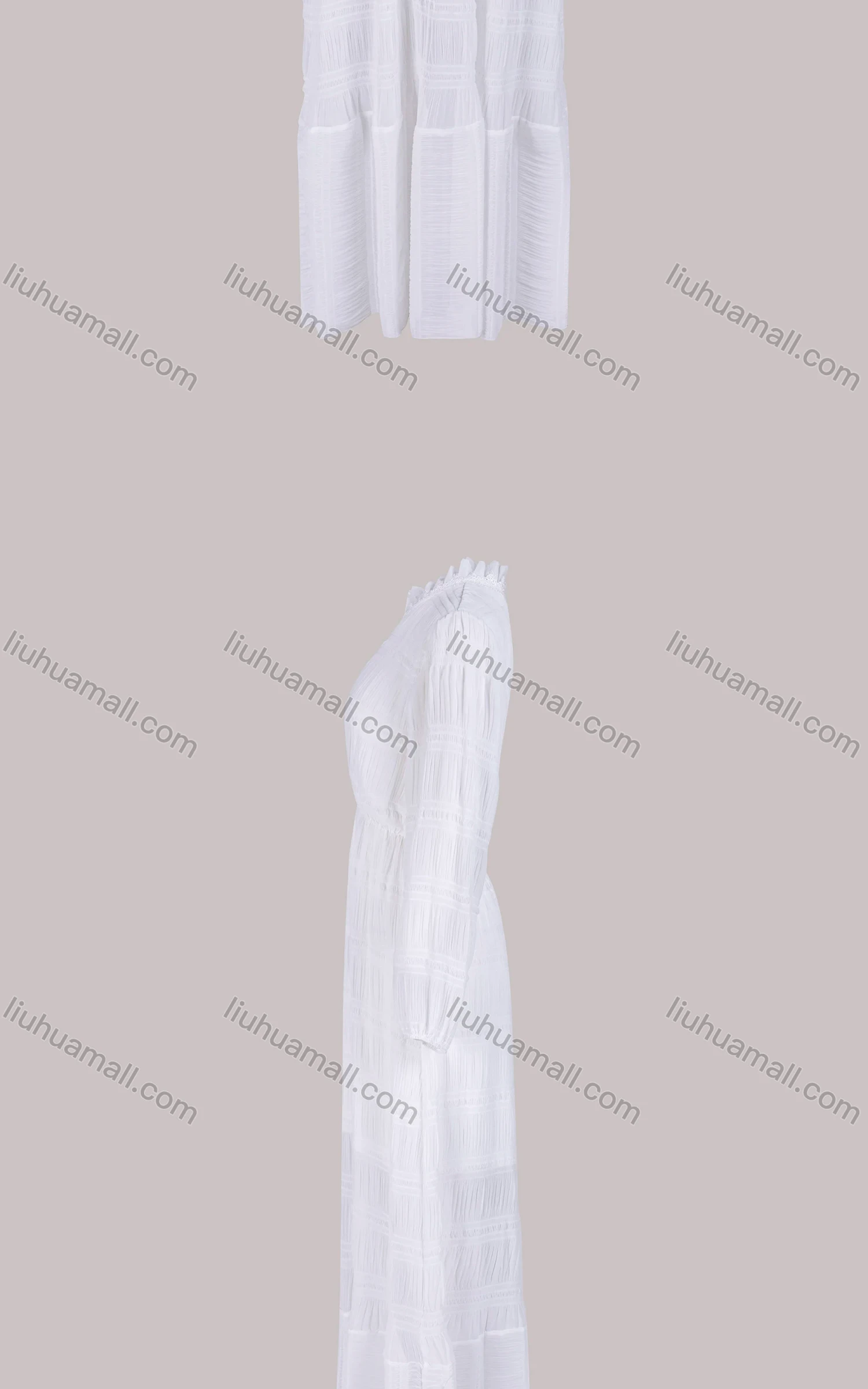 Wholesale Women's Elegant Plain Ruffle Trim Mock Neck Shirred Long Sleeve Maxi Dress - Liuhuamall