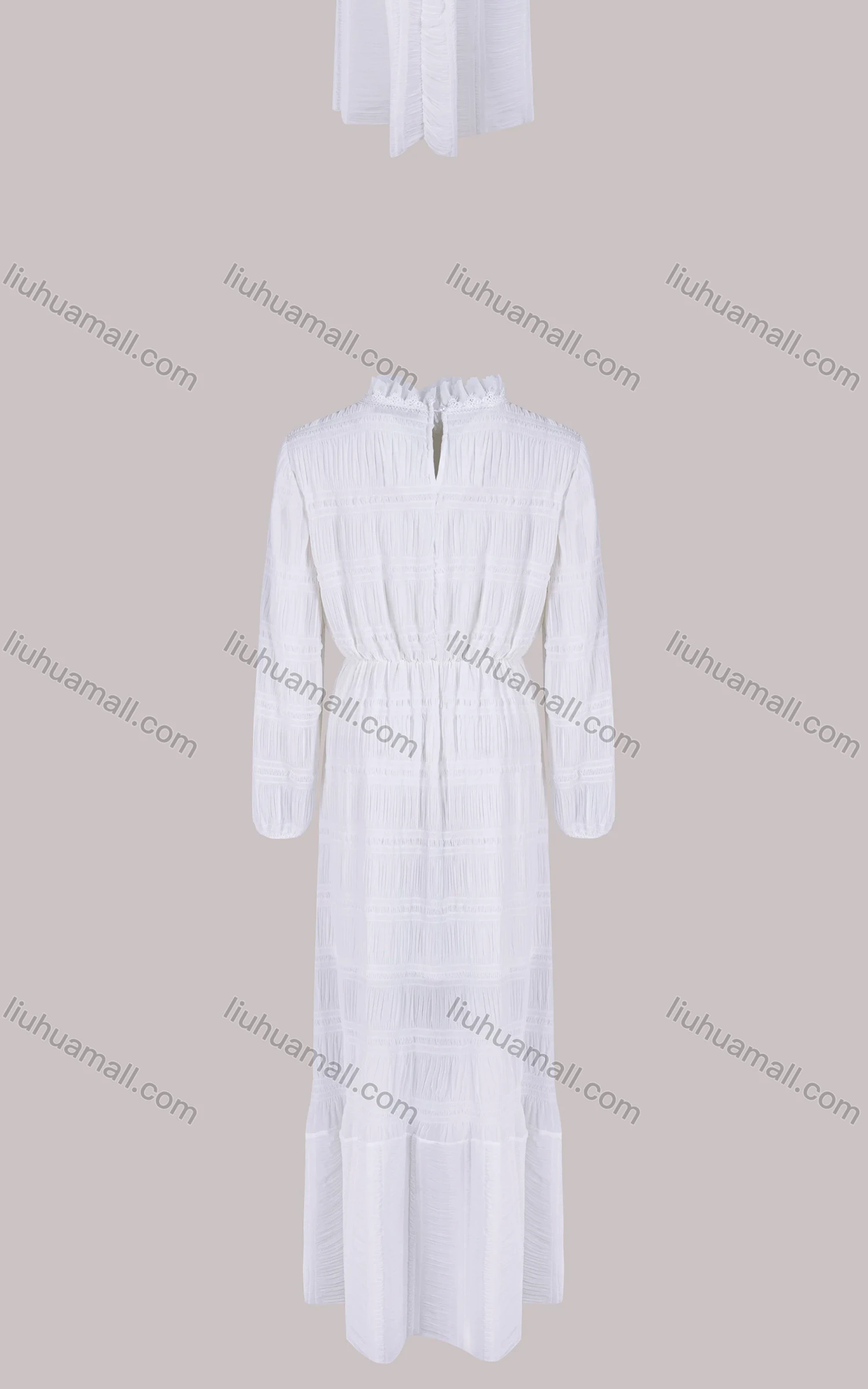 Wholesale Women's Elegant Plain Ruffle Trim Mock Neck Shirred Long Sleeve Maxi Dress - Liuhuamall