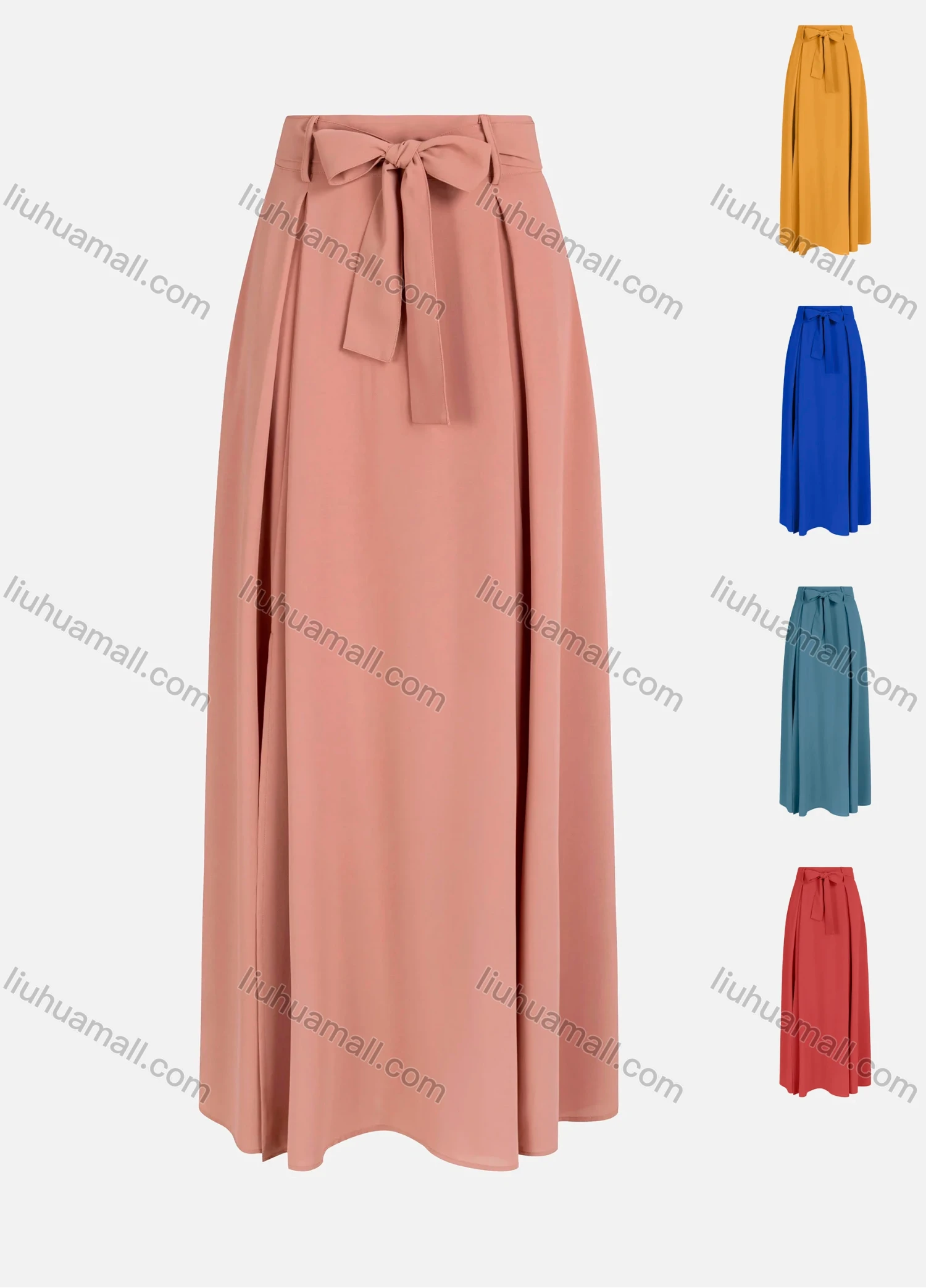 Wholesale Women's Casual Plain Ruched Bow Knot High Waist Maxi Skirt With Belt - Liuhuamall